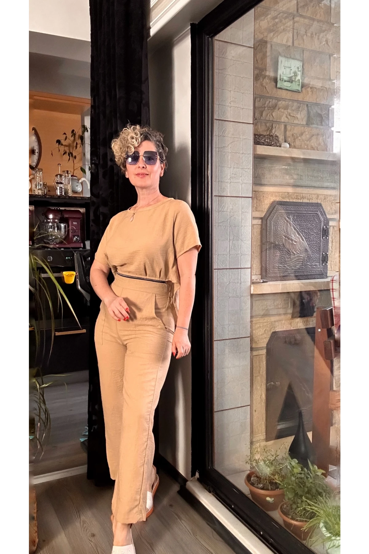 Noce Belden Fermuar Detaylı Tulum Camel