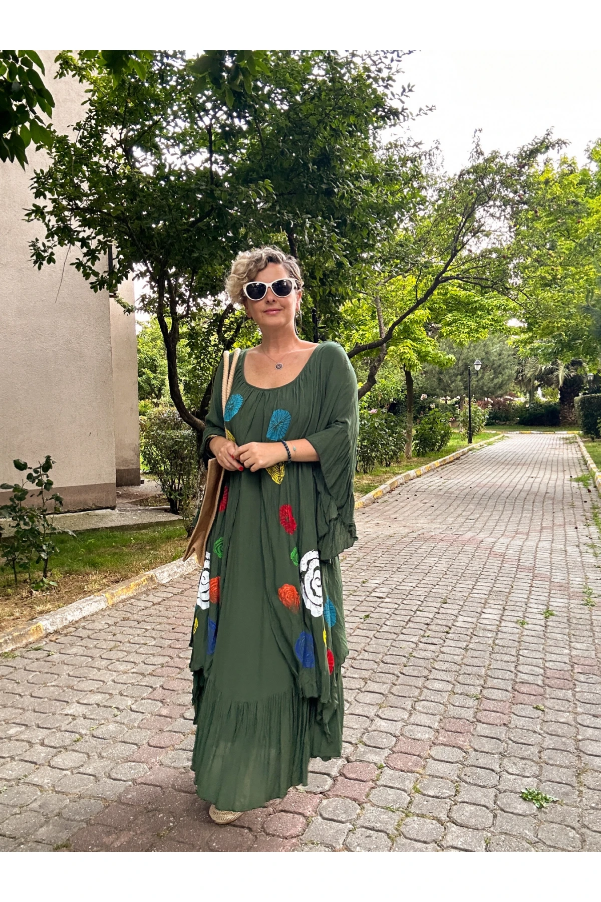 Trezza İtalyan Tasarım Baskı Detay Elbise Haki Yeşil- Fifty Butik