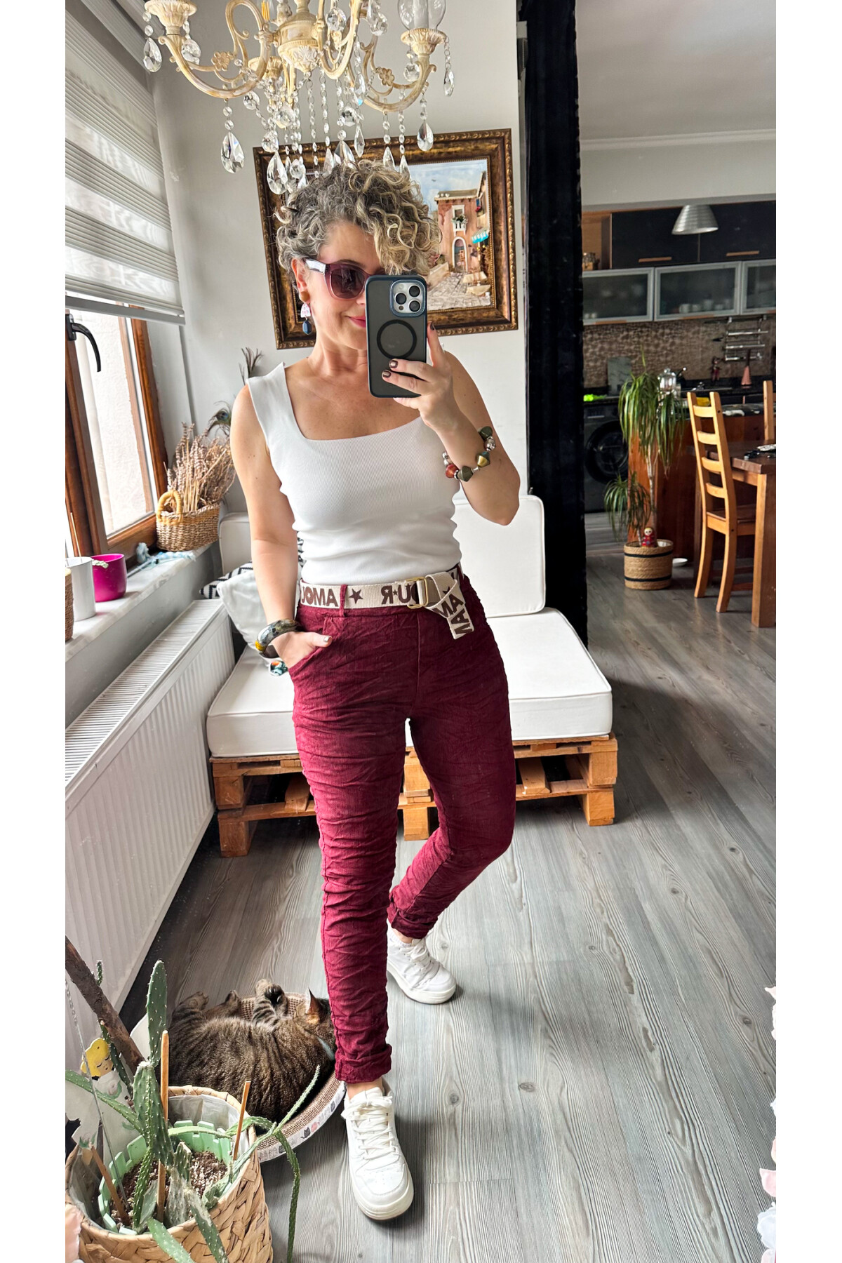 Amour İtalyan Sihirli Kemer Detaylı Pantolon Bordo