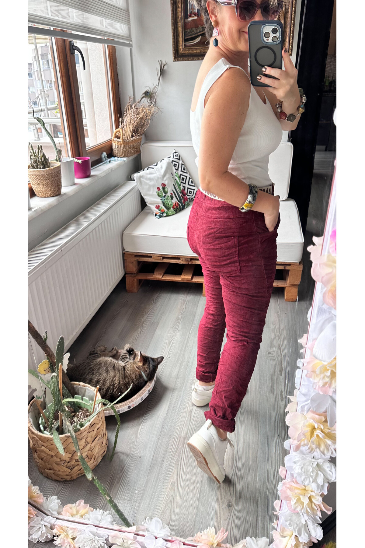 Amour İtalyan Sihirli Kemer Detaylı Pantolon Bordo