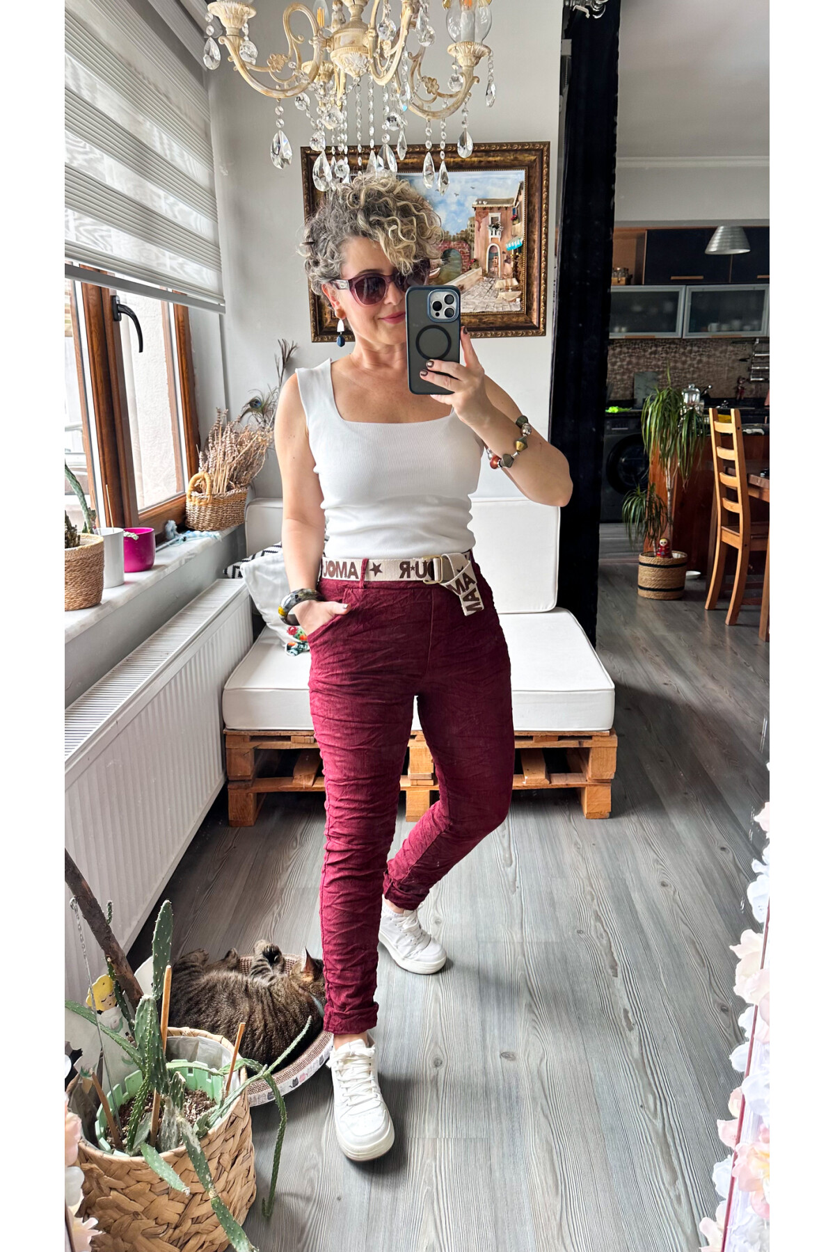 Amour İtalyan Sihirli Kemer Detaylı Pantolon Bordo