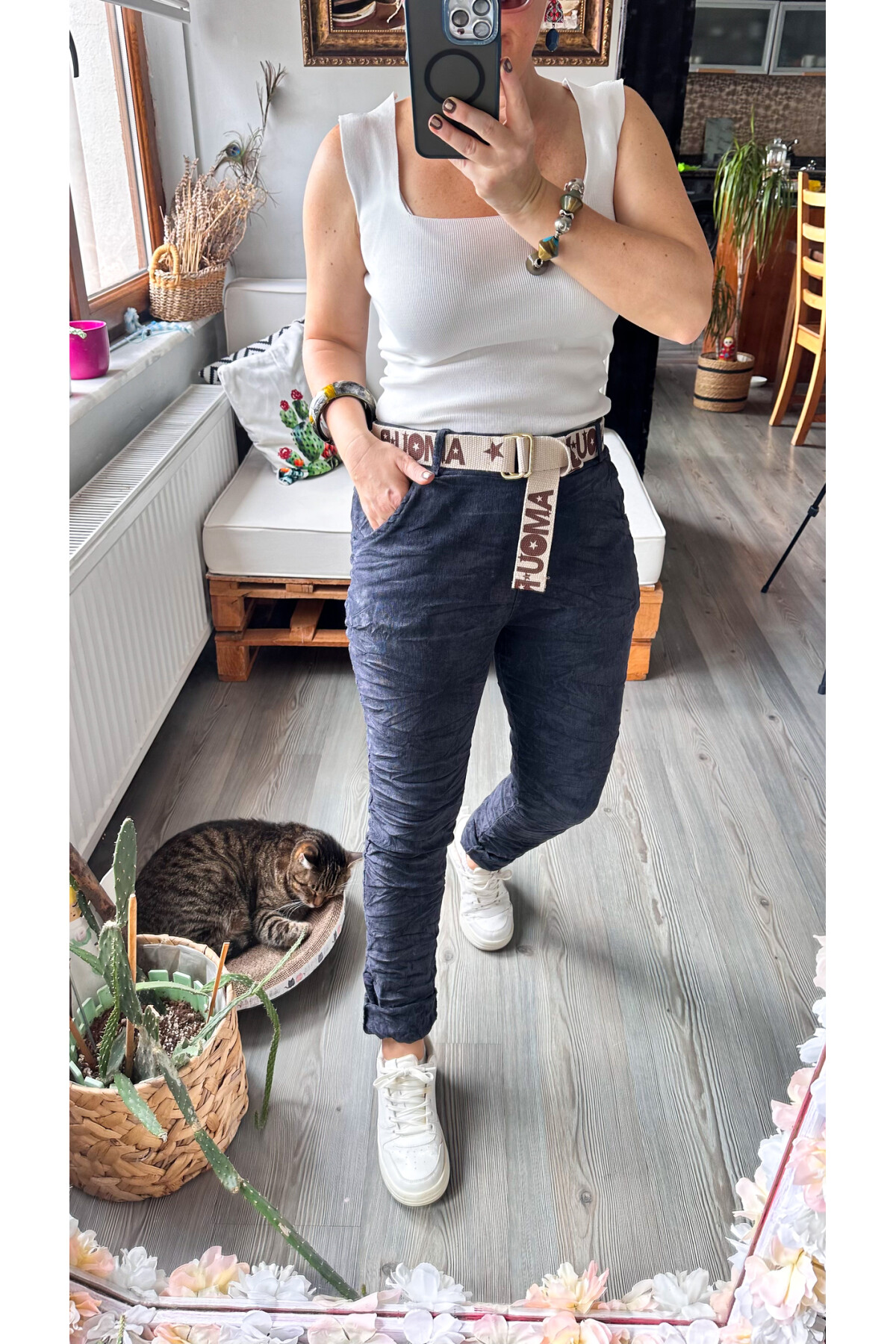 Amour İtalyan Sihirli Kemer Detaylı Pantolon Dark Grey