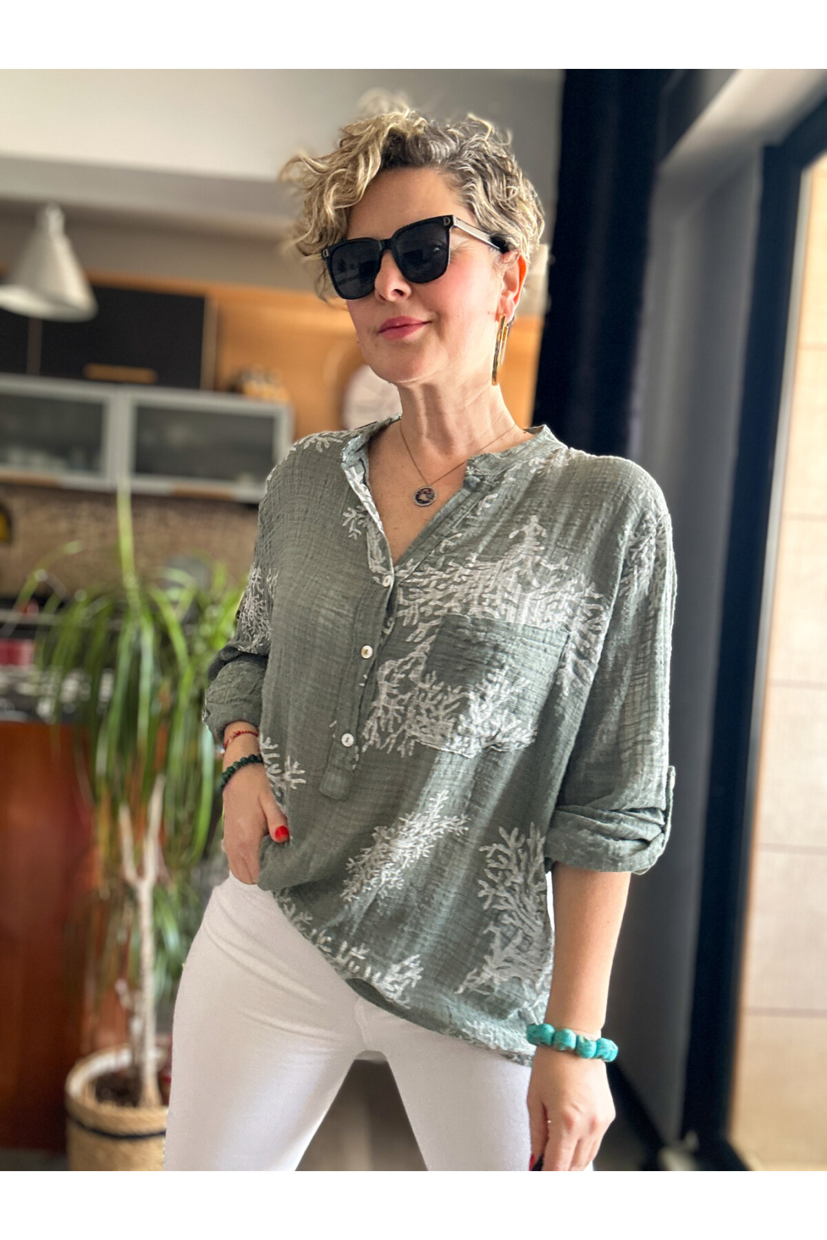 Aris Mercan Desen İtalyan Gömlek Haki Yeşil