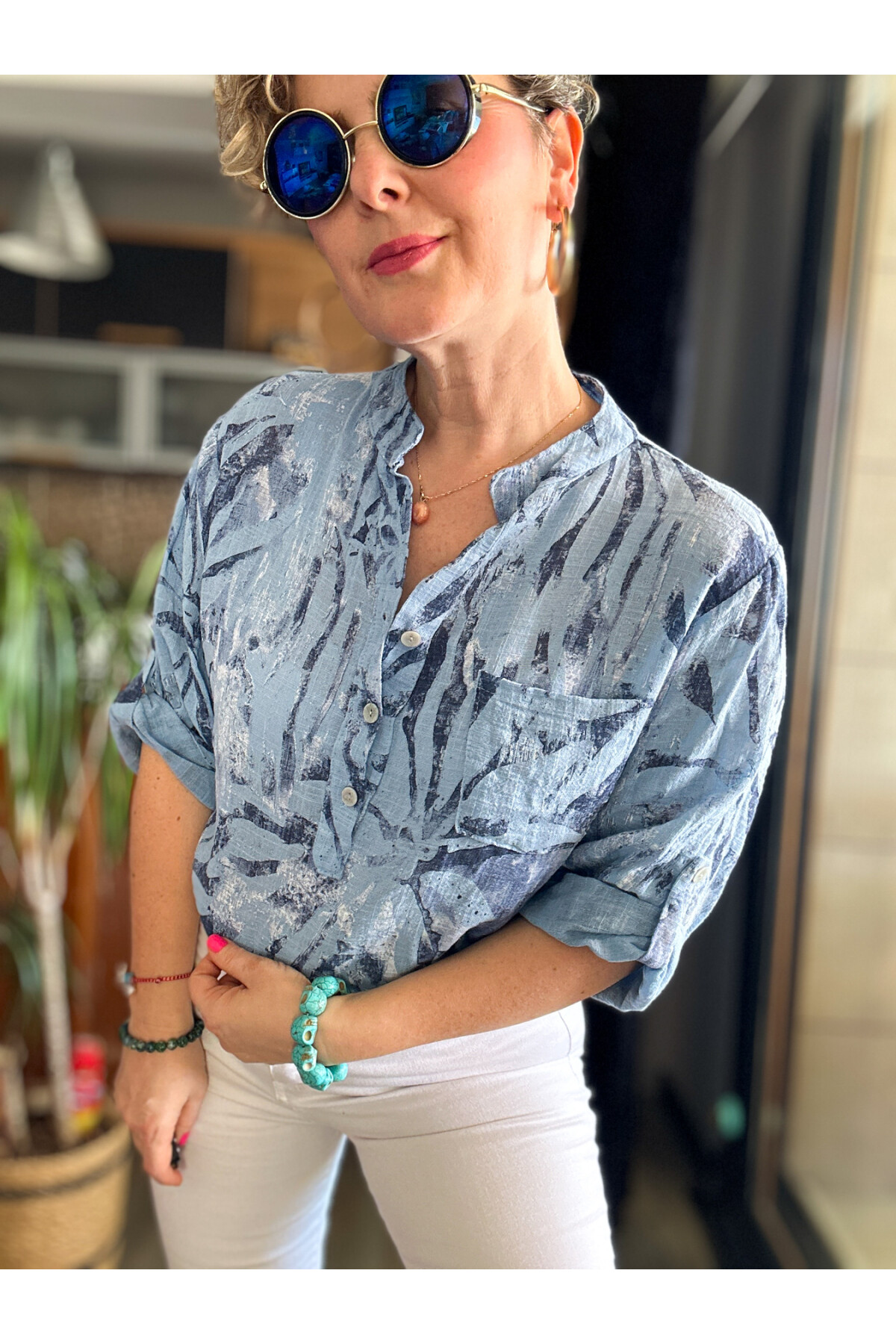 Bergamo Spiral Yaprak Açık İndigo Desenli İtalyan Gömlek