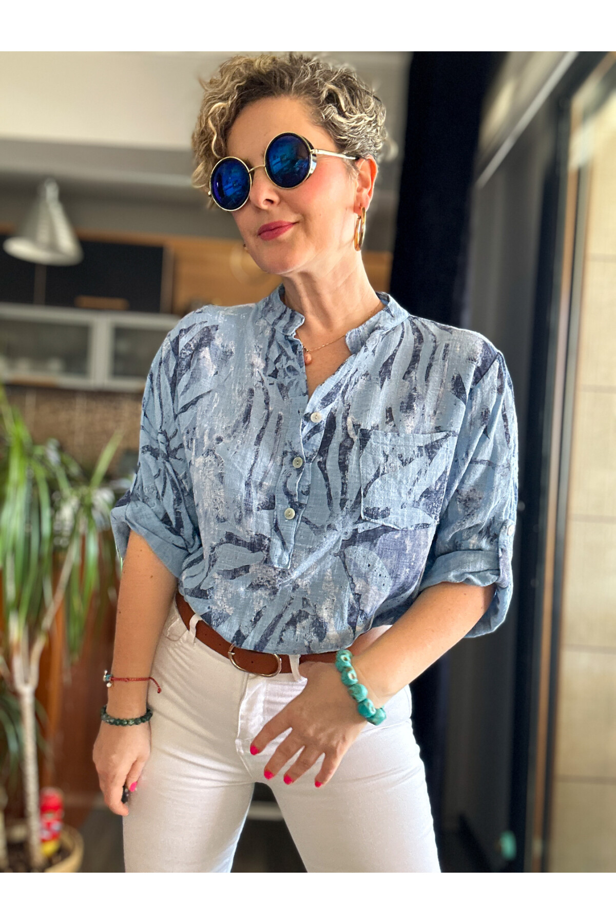 Bergamo Spiral Yaprak Açık İndigo Desenli İtalyan Gömlek