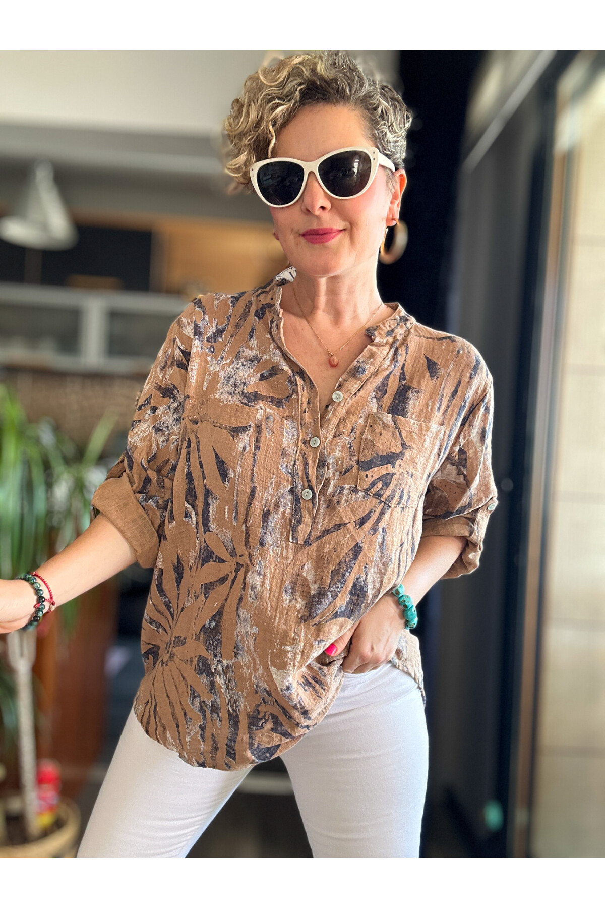 Bergamo Spiral Yaprak Cappuccino Desenli İtalyan Gömlek