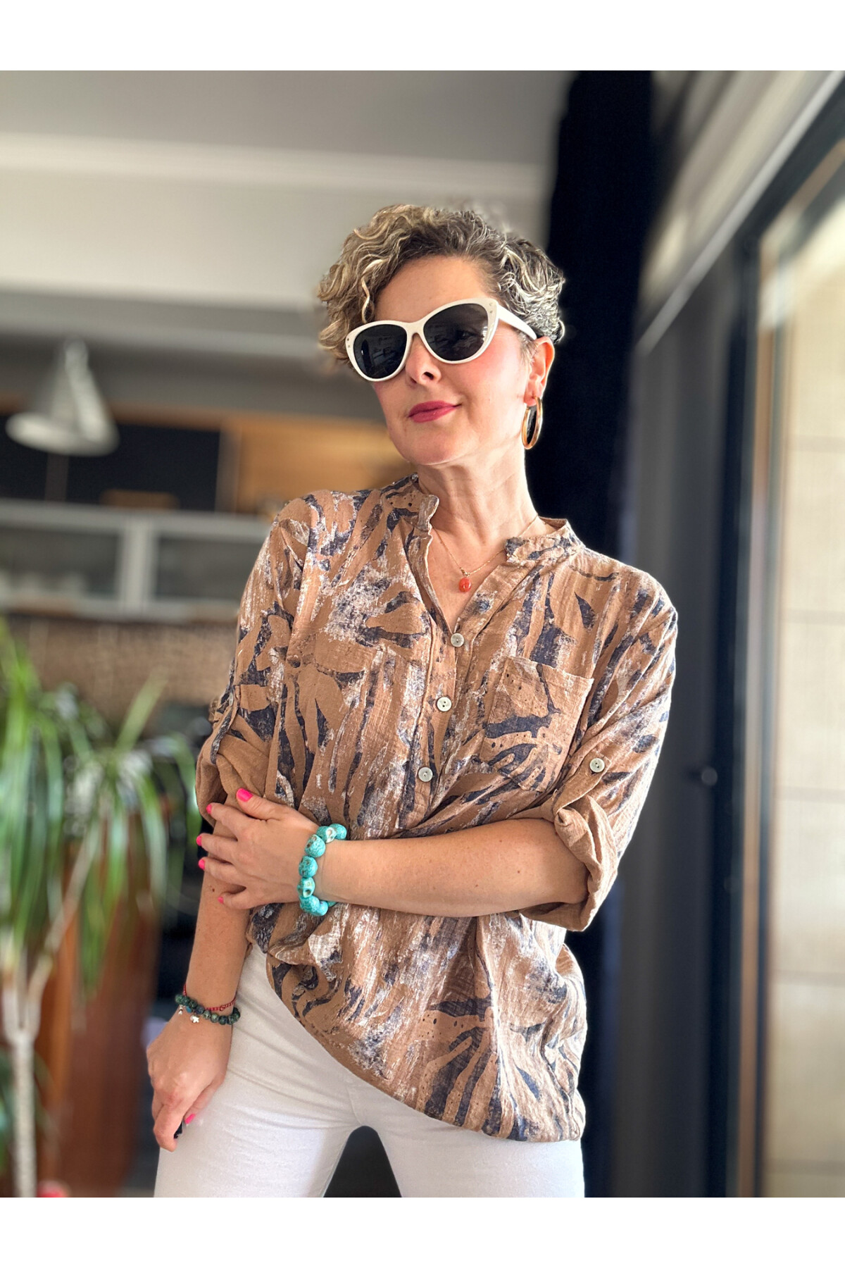 Bergamo Spiral Yaprak Cappuccino Desenli İtalyan Gömlek