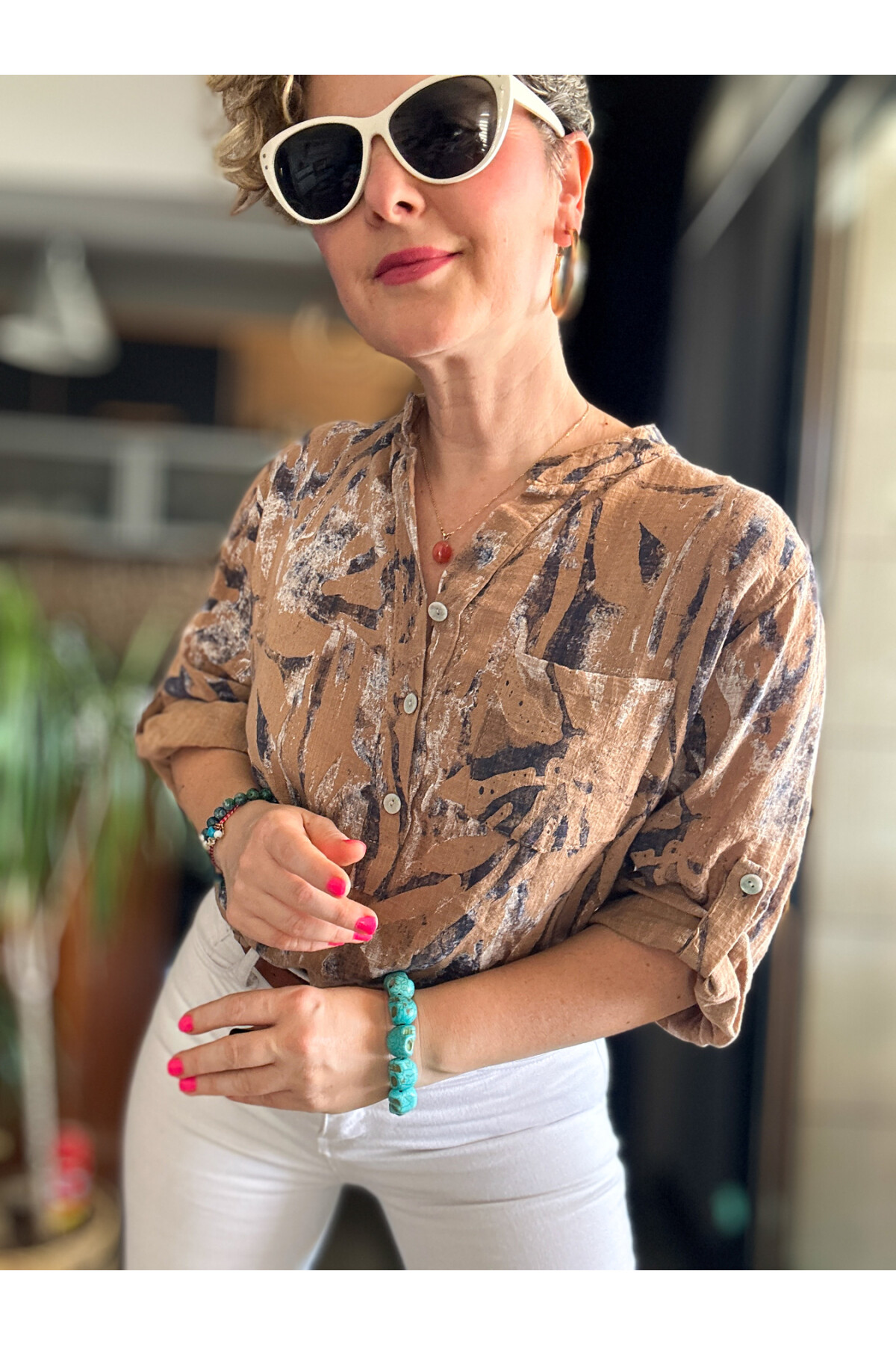 Bergamo Spiral Yaprak Cappuccino Desenli İtalyan Gömlek