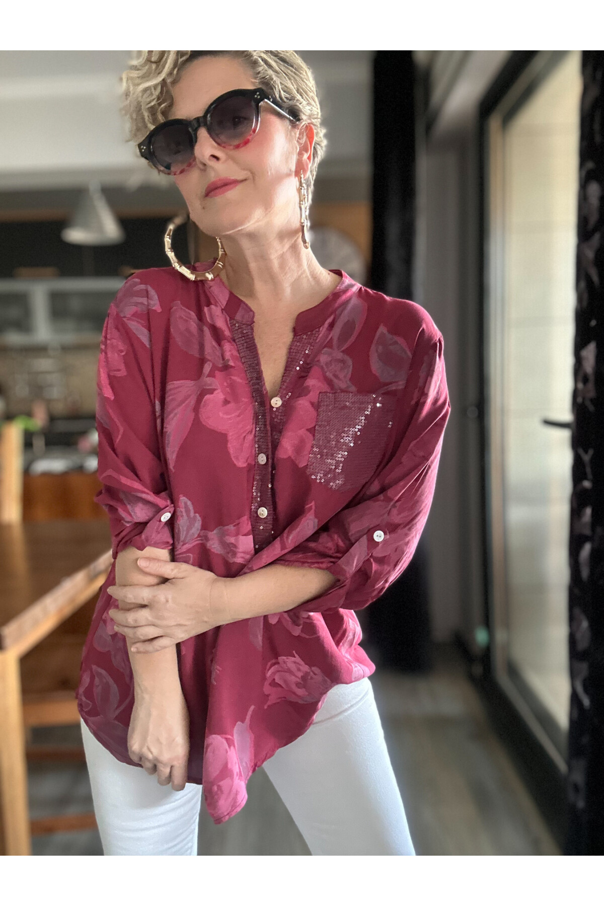 Della Manolya Desen Pul Detaylı Bordo İtalyan Gömlek