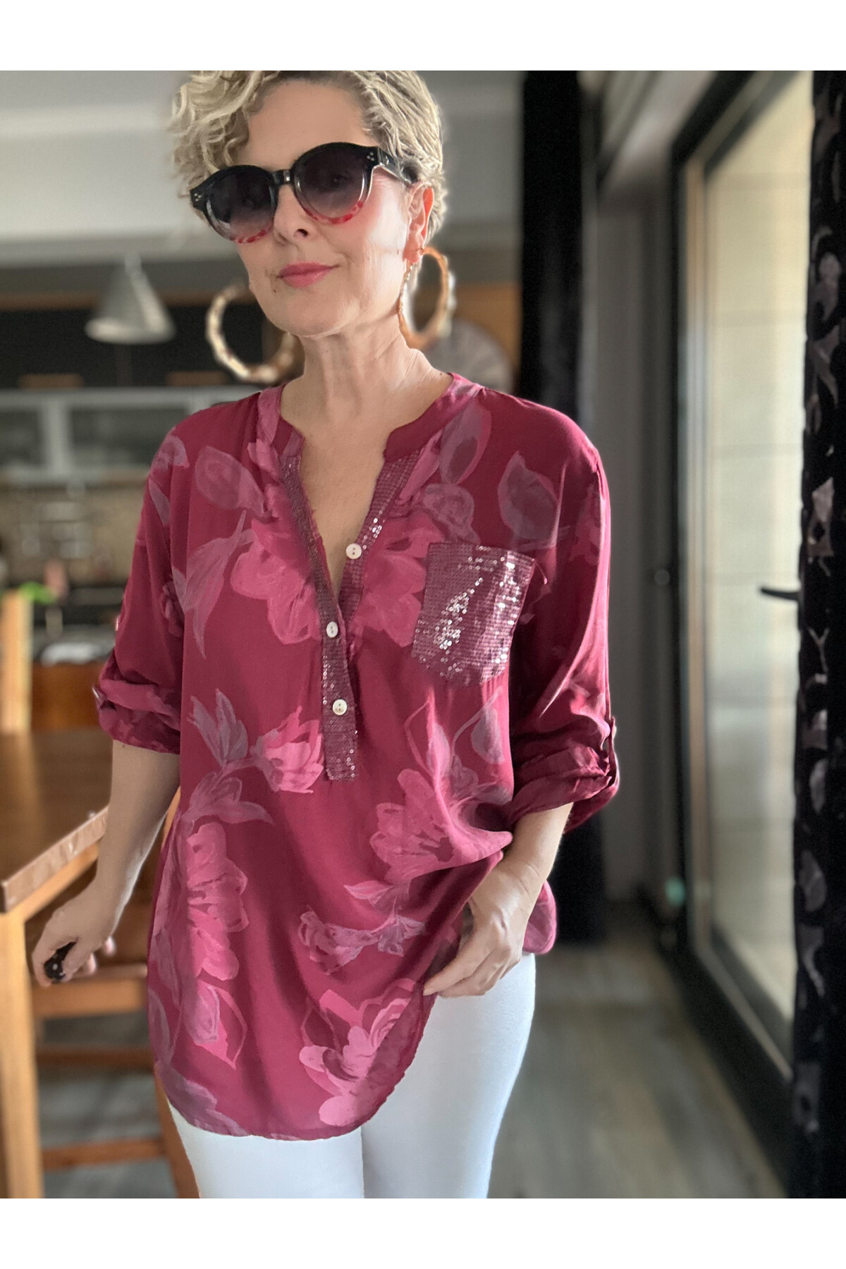 Della Manolya Desen Pul Detaylı Bordo İtalyan Gömlek