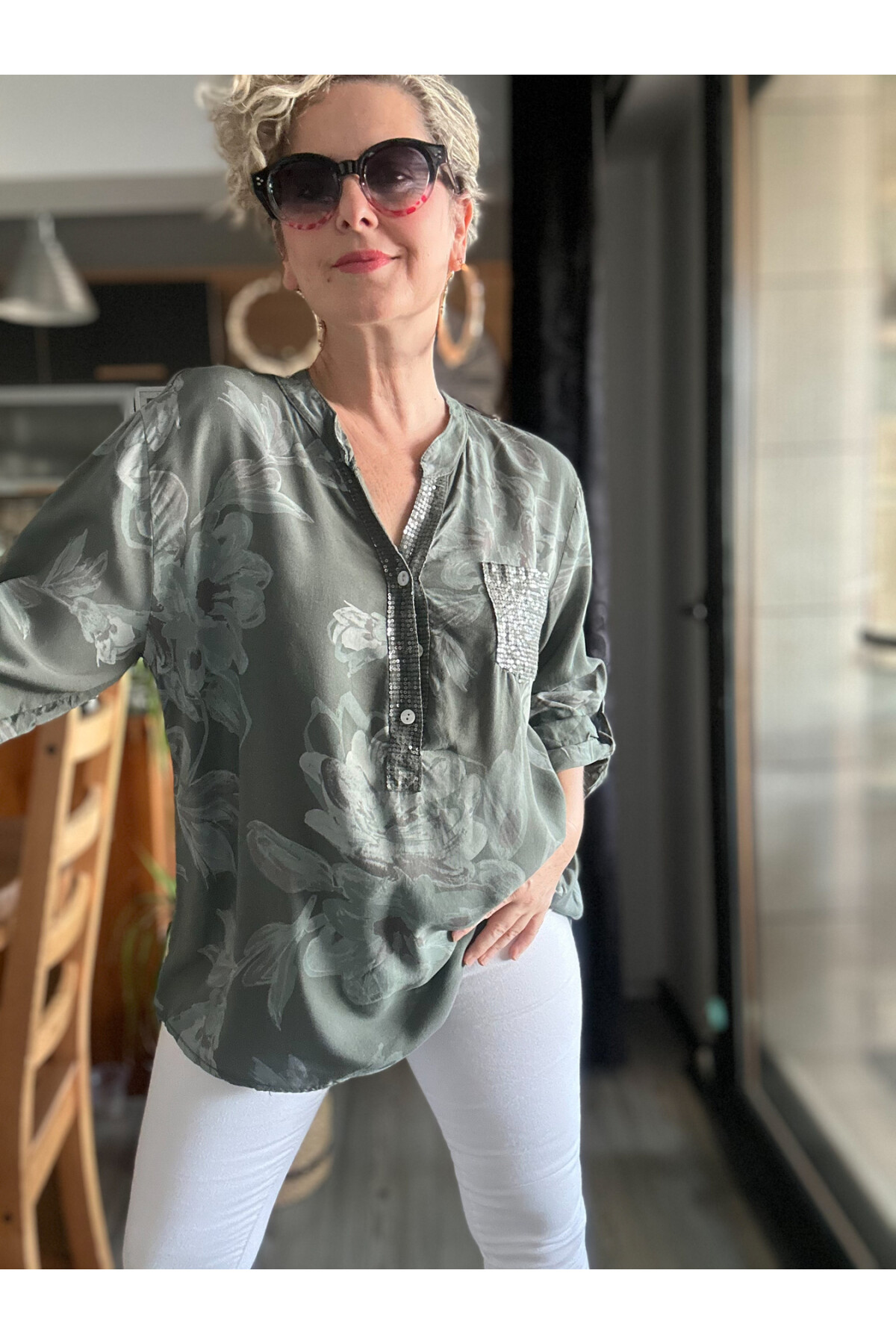 Della Manolya Desen Pul Detaylı Haki Yeşil İtalyan Gömlek