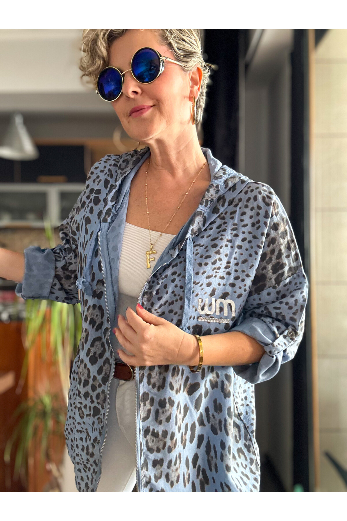 Donna İtalyan Leopar Desen Fermuarlı Kapşonlu Ceket İndigo