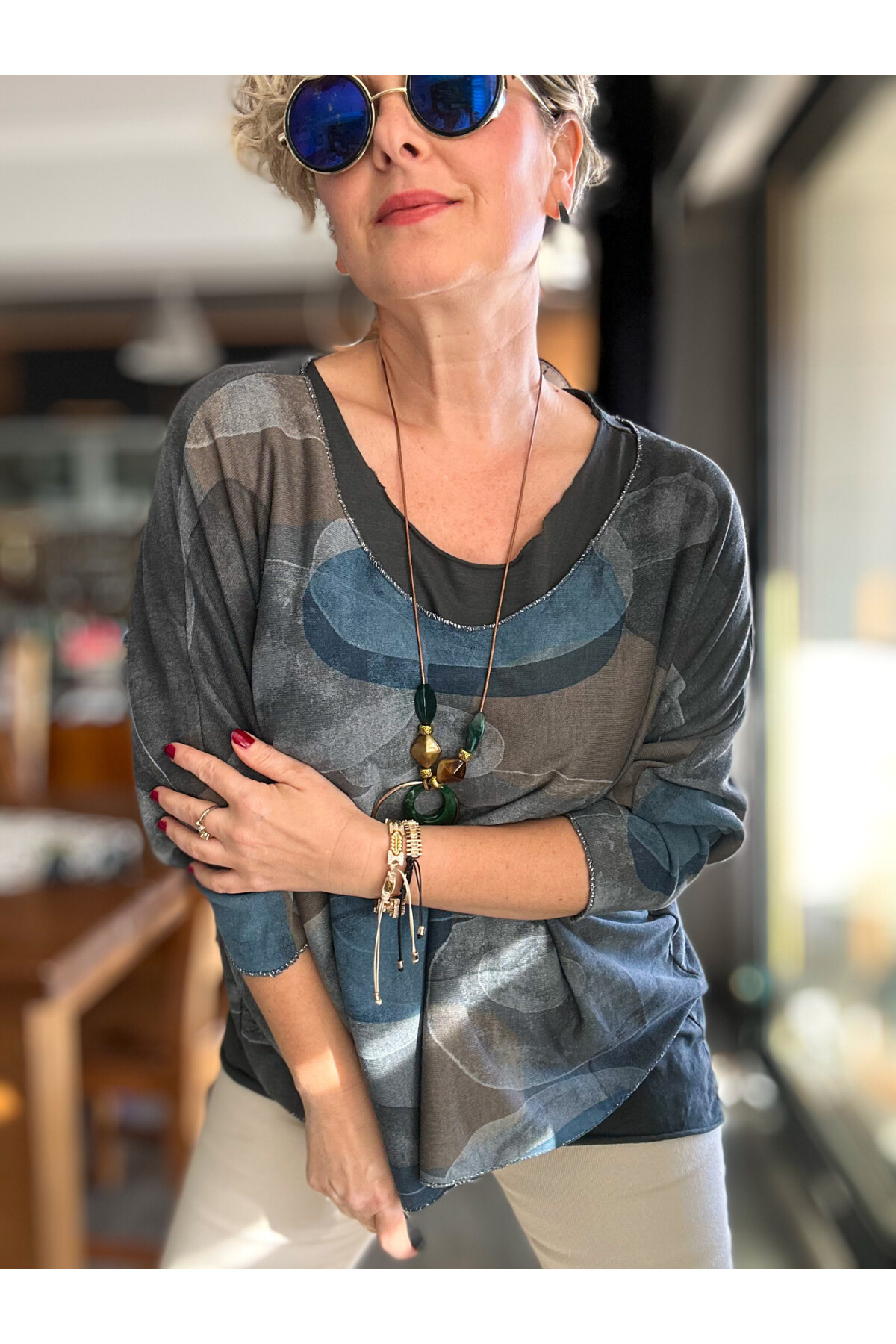 Etaly Sedef Desen Kolyeli İtalyan Bluz Antrasit