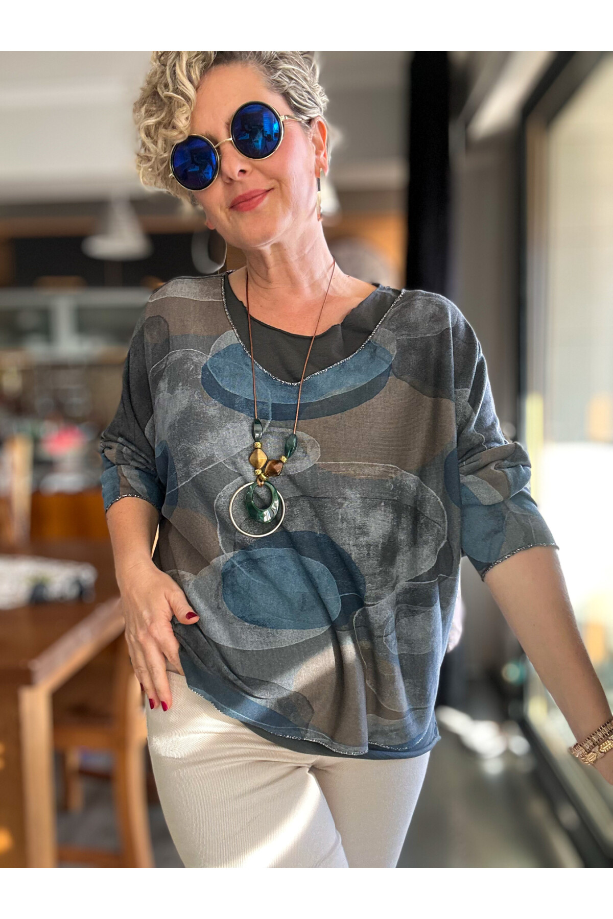 Etaly Sedef Desen Kolyeli İtalyan Bluz Antrasit