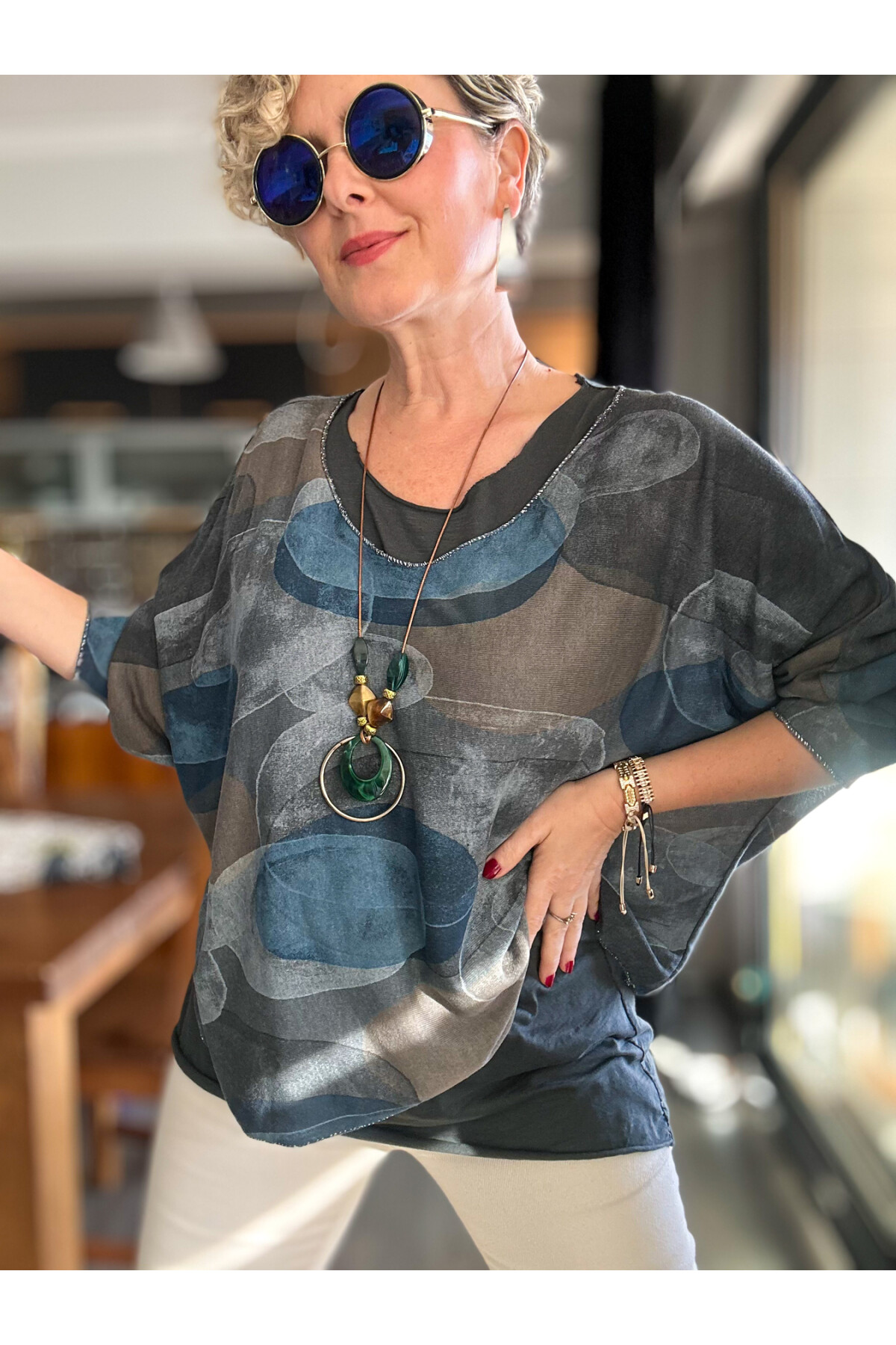 Etaly Sedef Desen Kolyeli İtalyan Bluz Antrasit