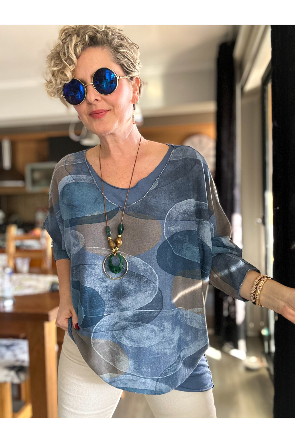 Etaly Sedef Desen Kolyeli İtalyan Bluz İndigo