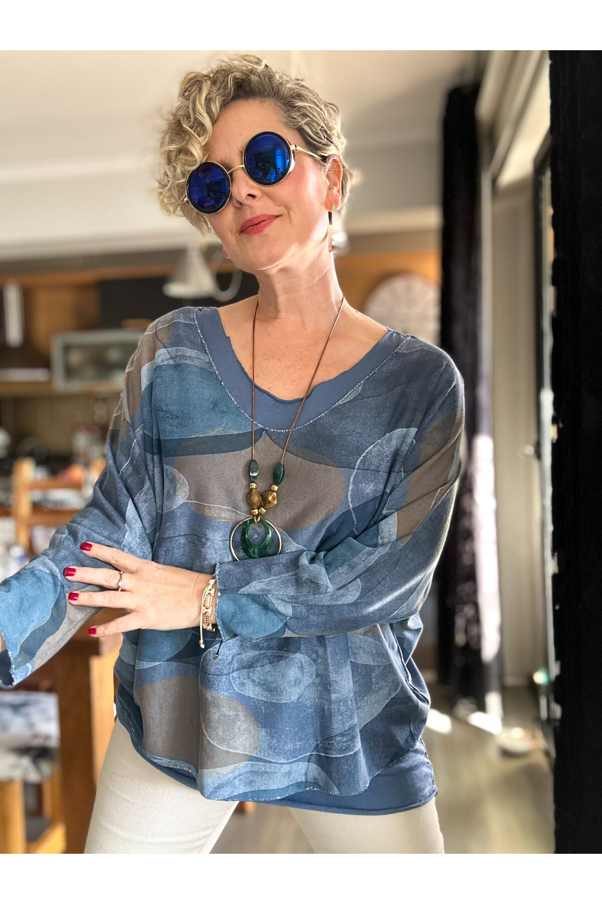 Etaly Sedef Desen Kolyeli İtalyan Bluz İndigo
