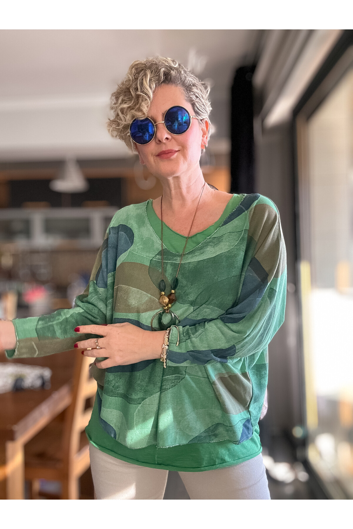 Etaly Sedef Desen Kolyeli İtalyan Bluz Yeşil