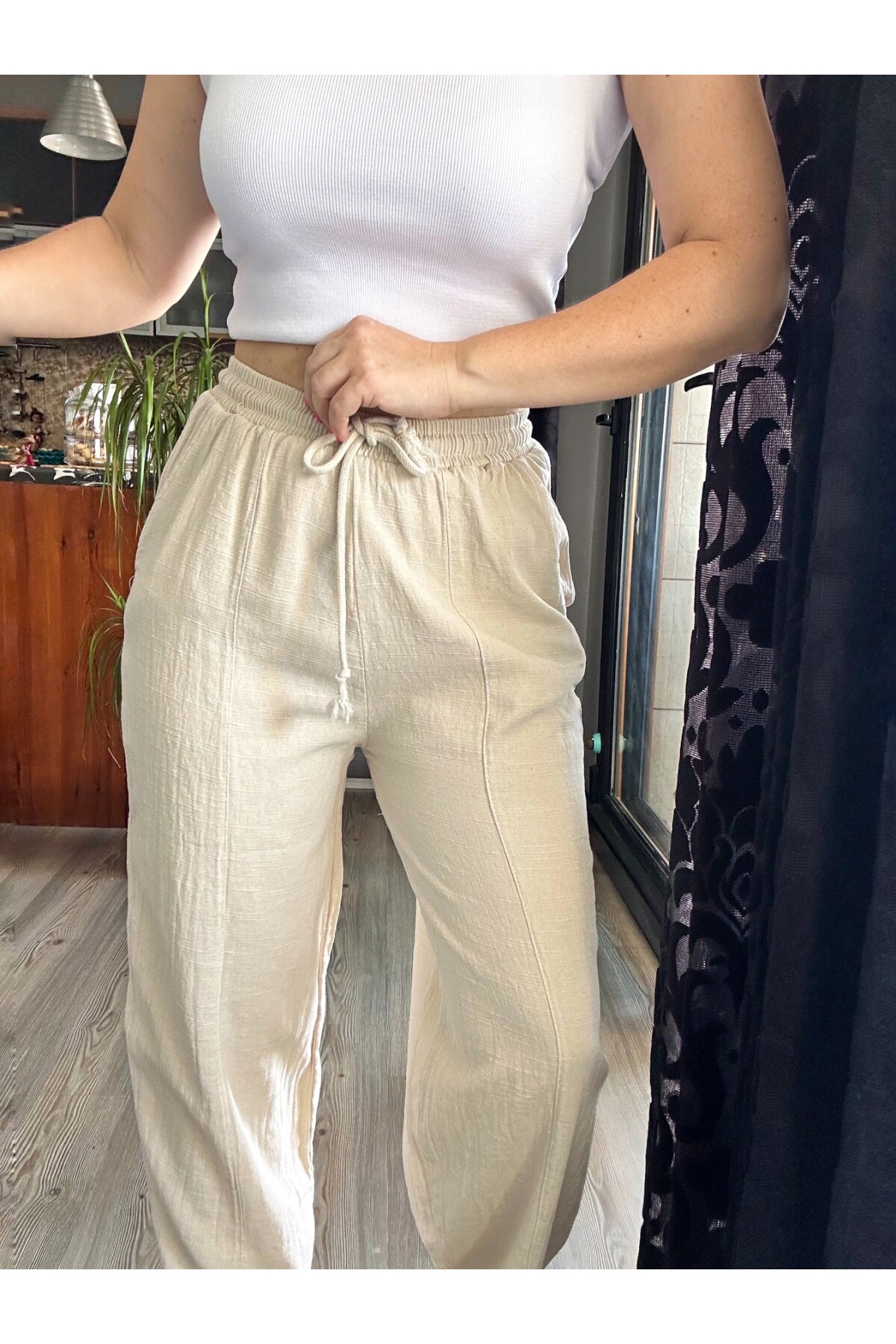 Etno Çıma Detay Bel Lastik Tasarım Pantolon Bej
