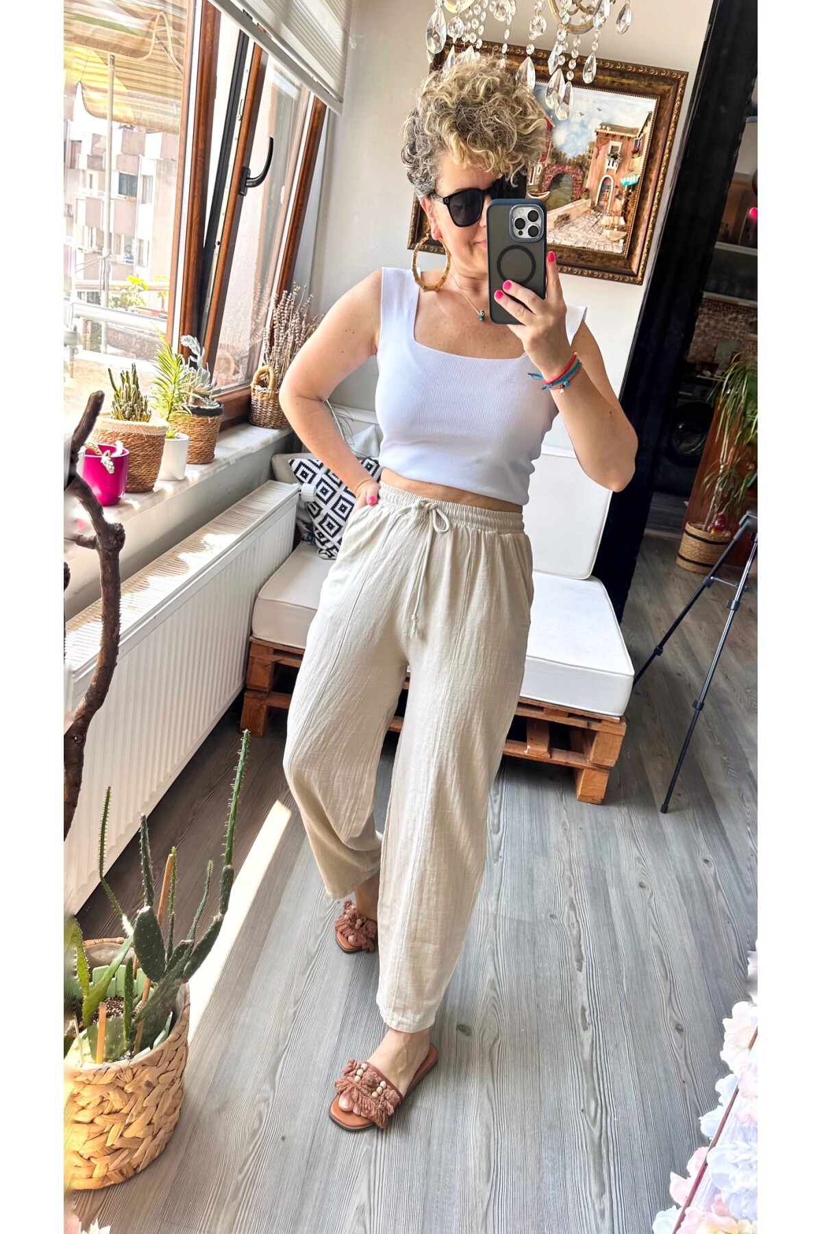 Etno Çıma Detay Bel Lastik Tasarım Pantolon Bej