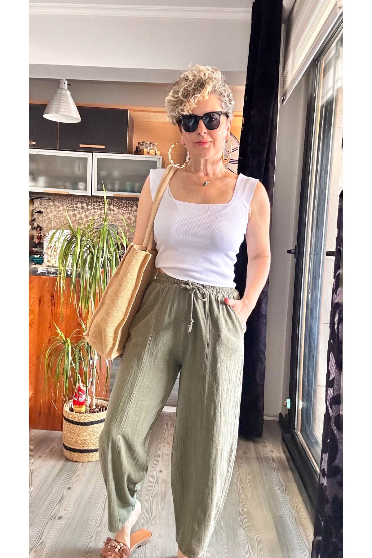 Etno Çıma Detay Bel Lastik Tasarım Pantolon Haki Yeşil