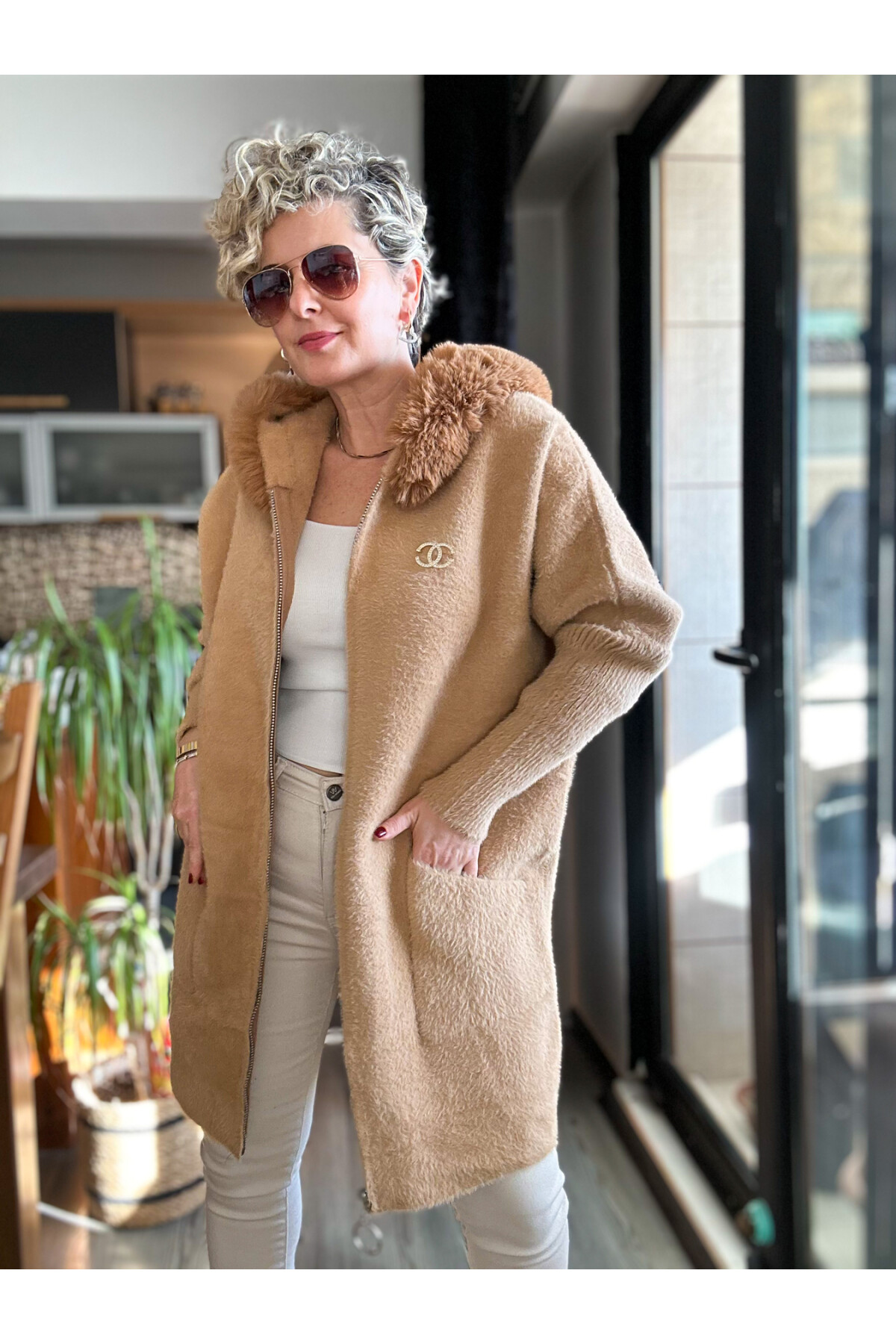 Etrusco İthal Angore Kürk Kapşon Cep Çizgi Detay Ceket Camel