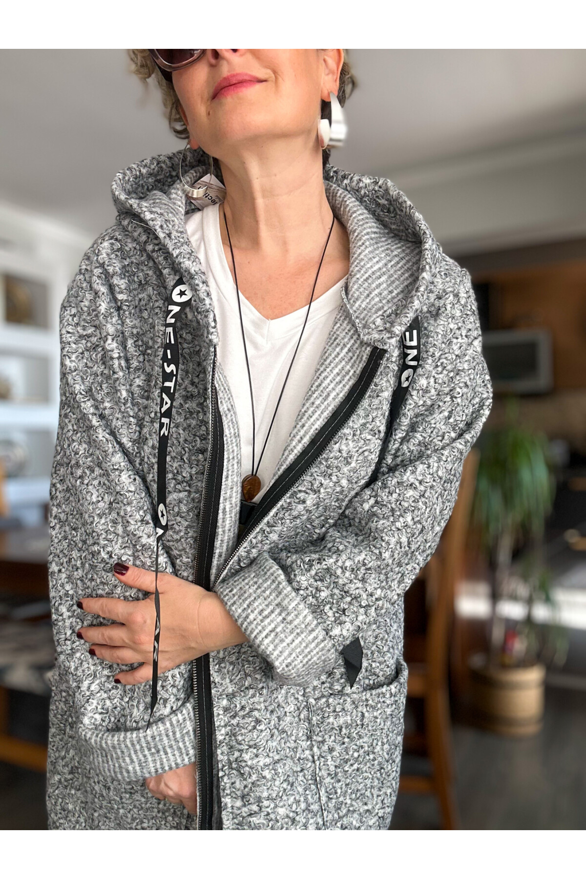 Fabia İtlyan Kapşonlu Buklet Kaban Gri