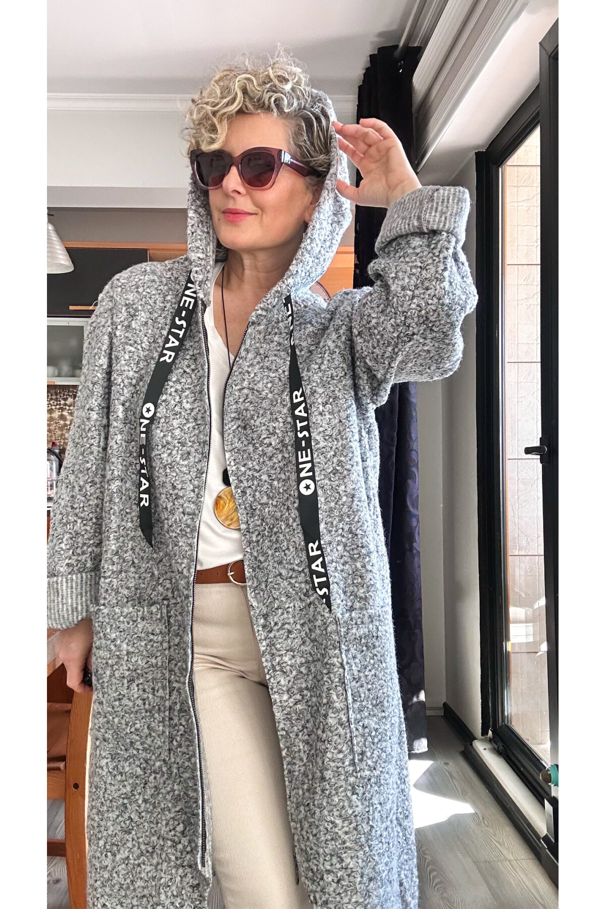 Fabia İtlyan Kapşonlu Buklet Kaban Gri