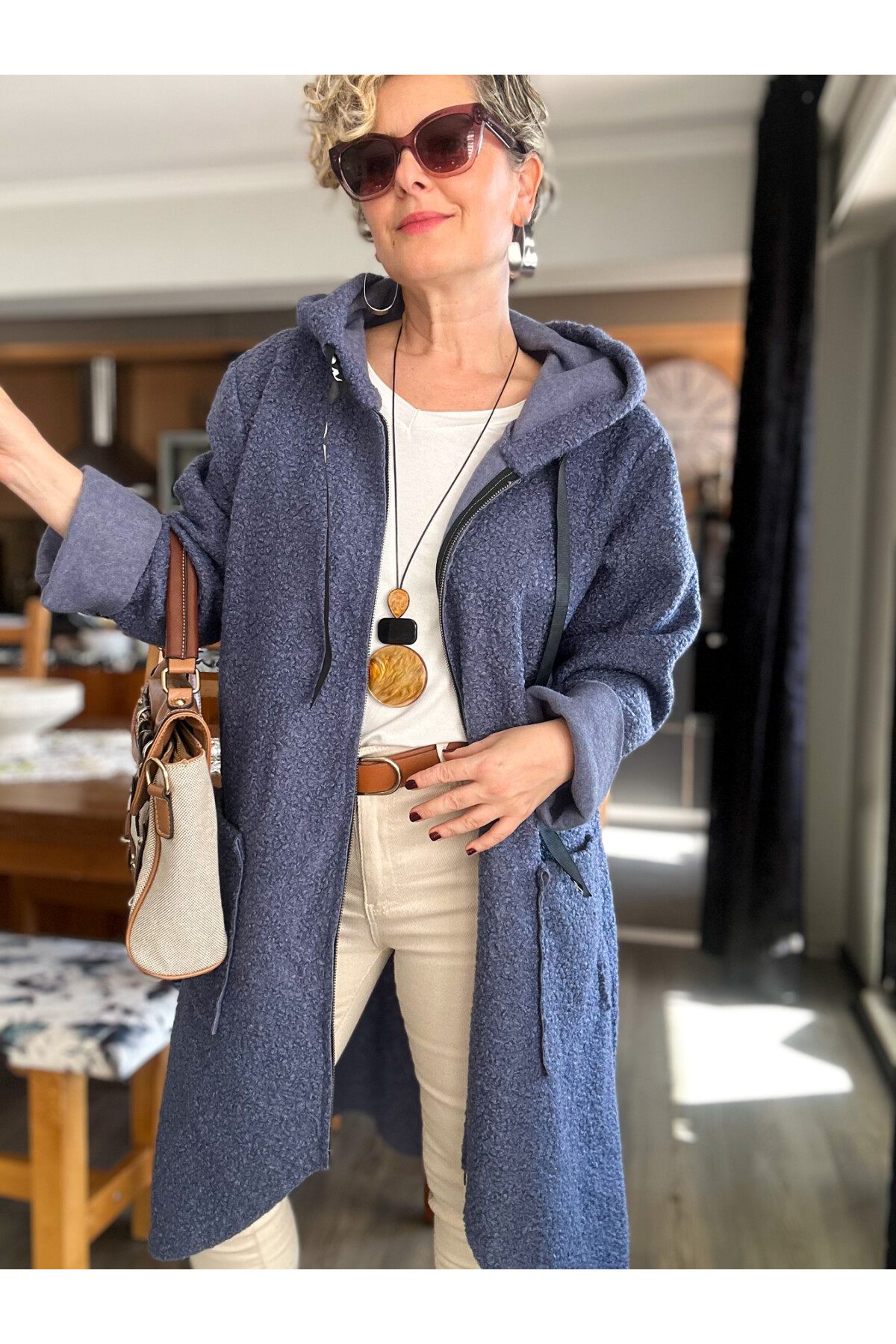 Fabia İtlyan Kapşonlu Buklet Kaban İndigo