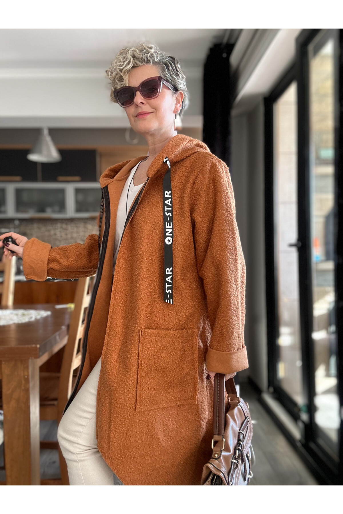 Fabia İtlyan Kapşonlu Buklet Kaban Tarçın