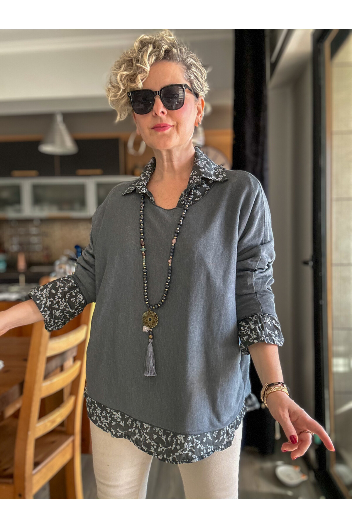 Femme İtalyan Gömlekli Bluz Triko Takım Antrasit