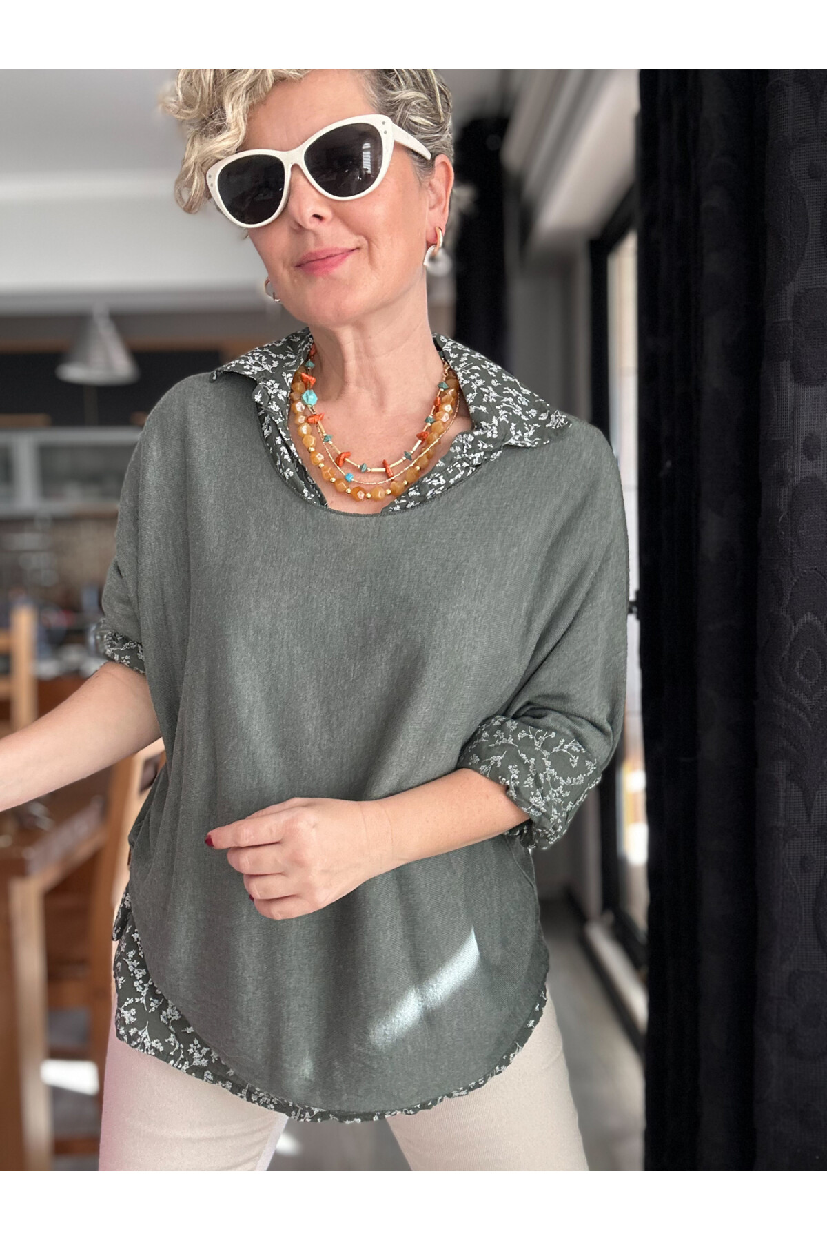 Femme İtalyan Gömlekli Bluz Triko Takım Haki Yeşil