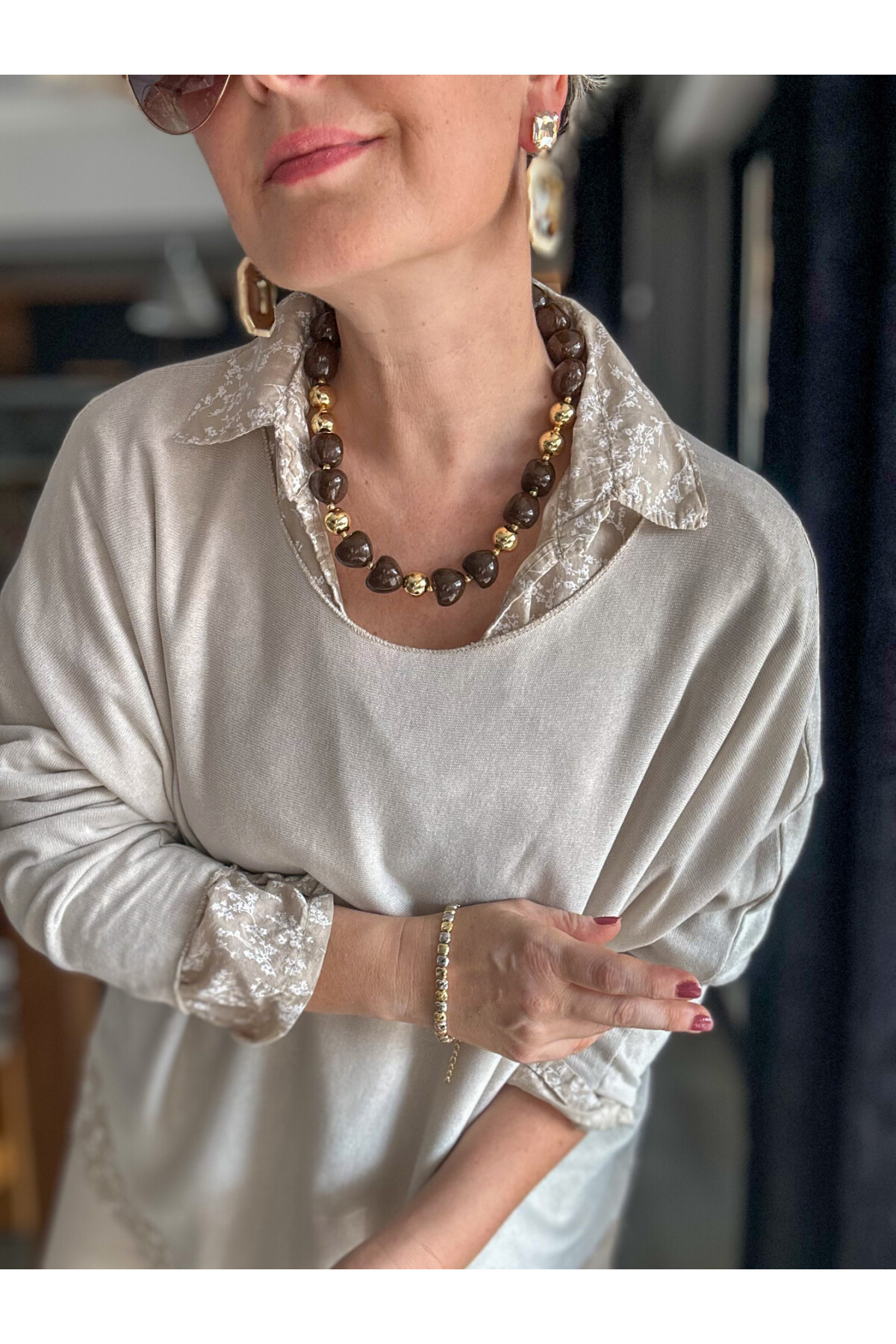 Femme İtalyan Gömlekli Bluz Triko Takım Ekru