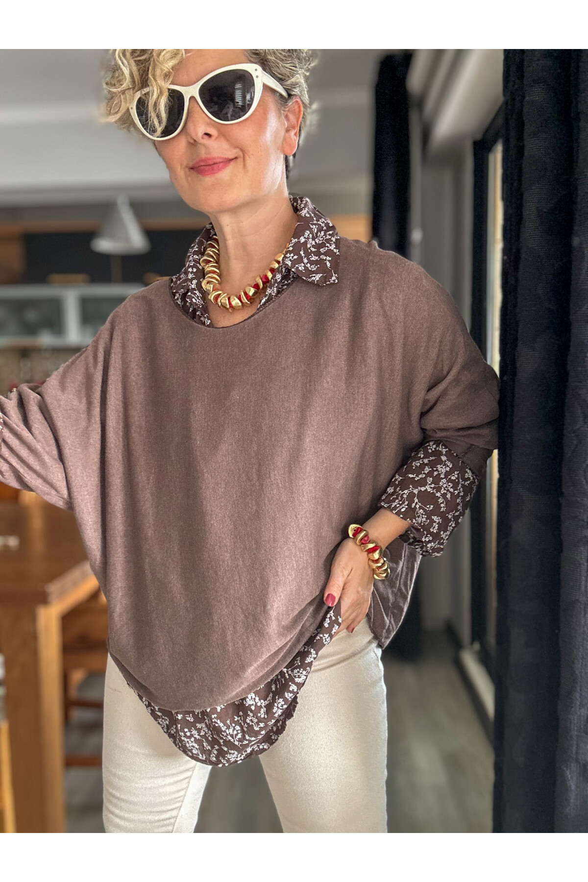 Femme İtalyan Gömlekli Bluz Triko Takım Kahve