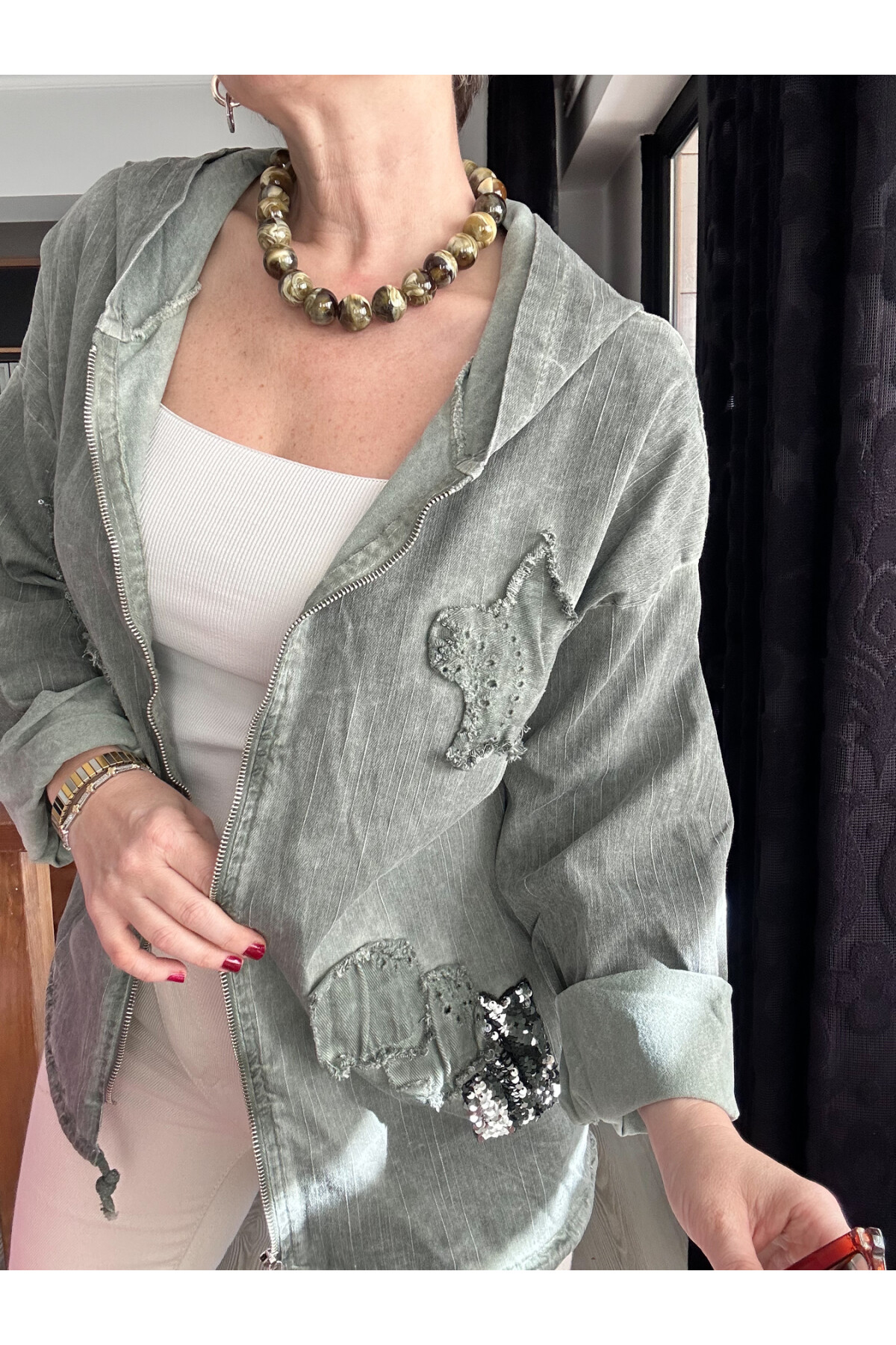 Forri İtalyan Vip Payet Detay Kapşon Çeket Haki