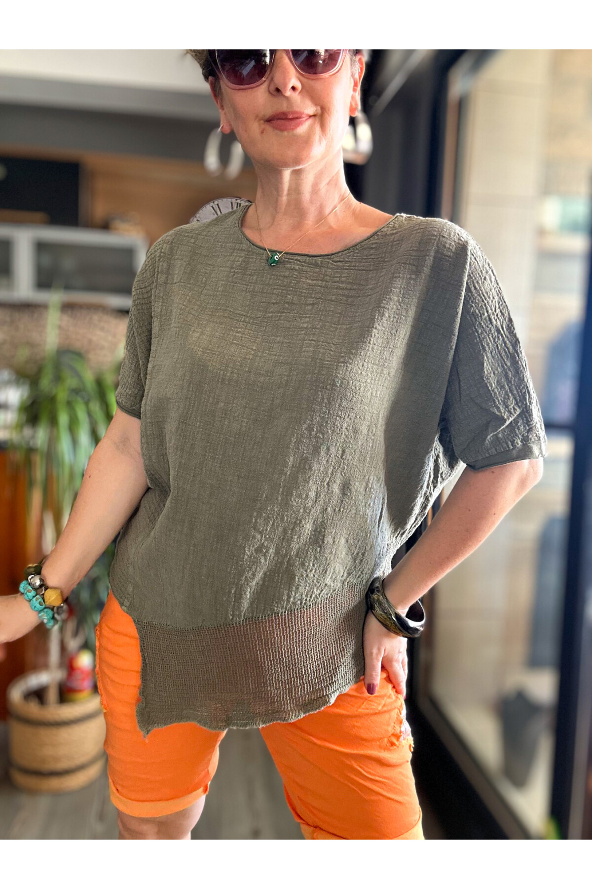 Getto Asimetrik Kesim File Detay Bluz Haki Yeşil