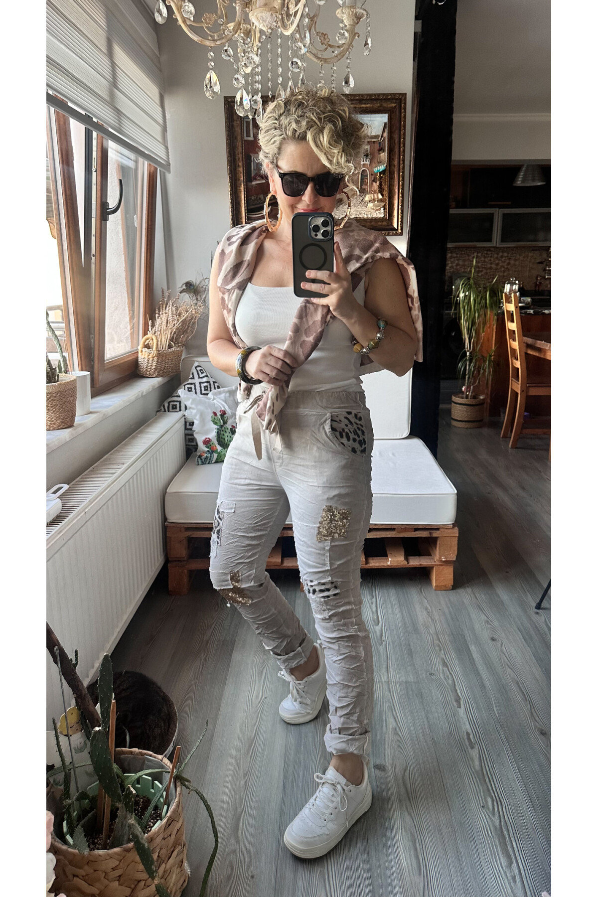 İtaliana Leopar Desen Pul Detaylı Sihirli Pantolon Beige