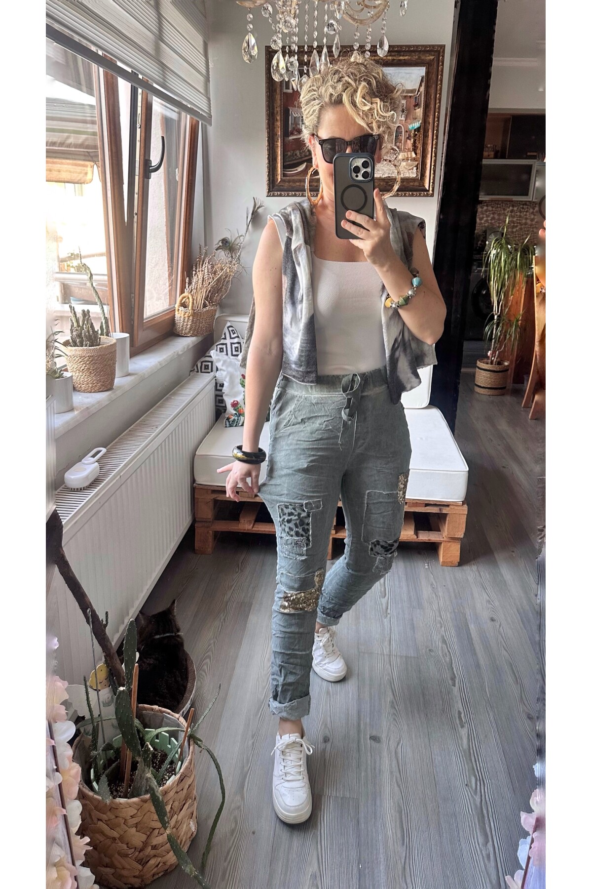 İtaliana Leopar Desen Pul Detaylı Sihirli Pantolon Haki Yeşil