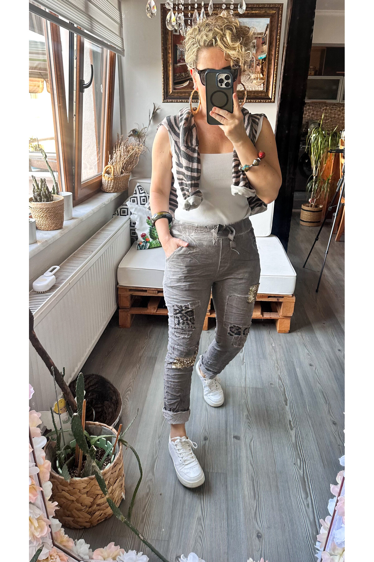 İtaliana Leopar Desen Pul Detaylı Sihirli Pantolon Vizon