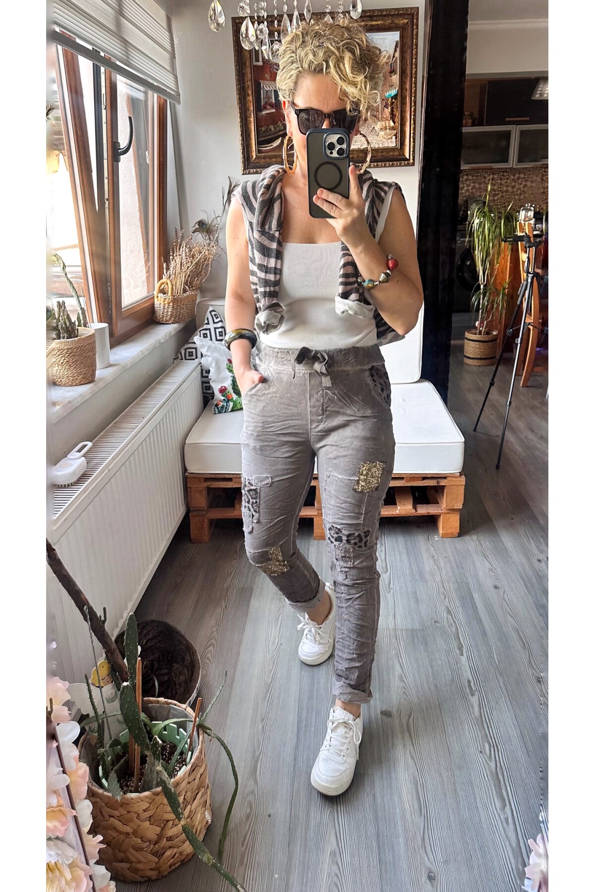 İtaliana Leopar Desen Pul Detaylı Sihirli Pantolon Vizon