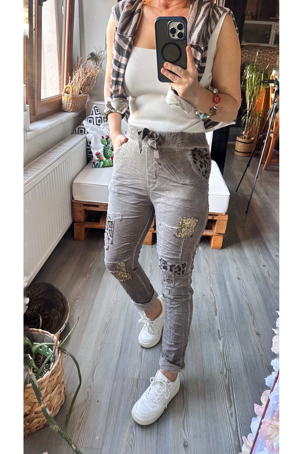 İtaliana Leopar Desen Pul Detaylı Sihirli Pantolon Vizon