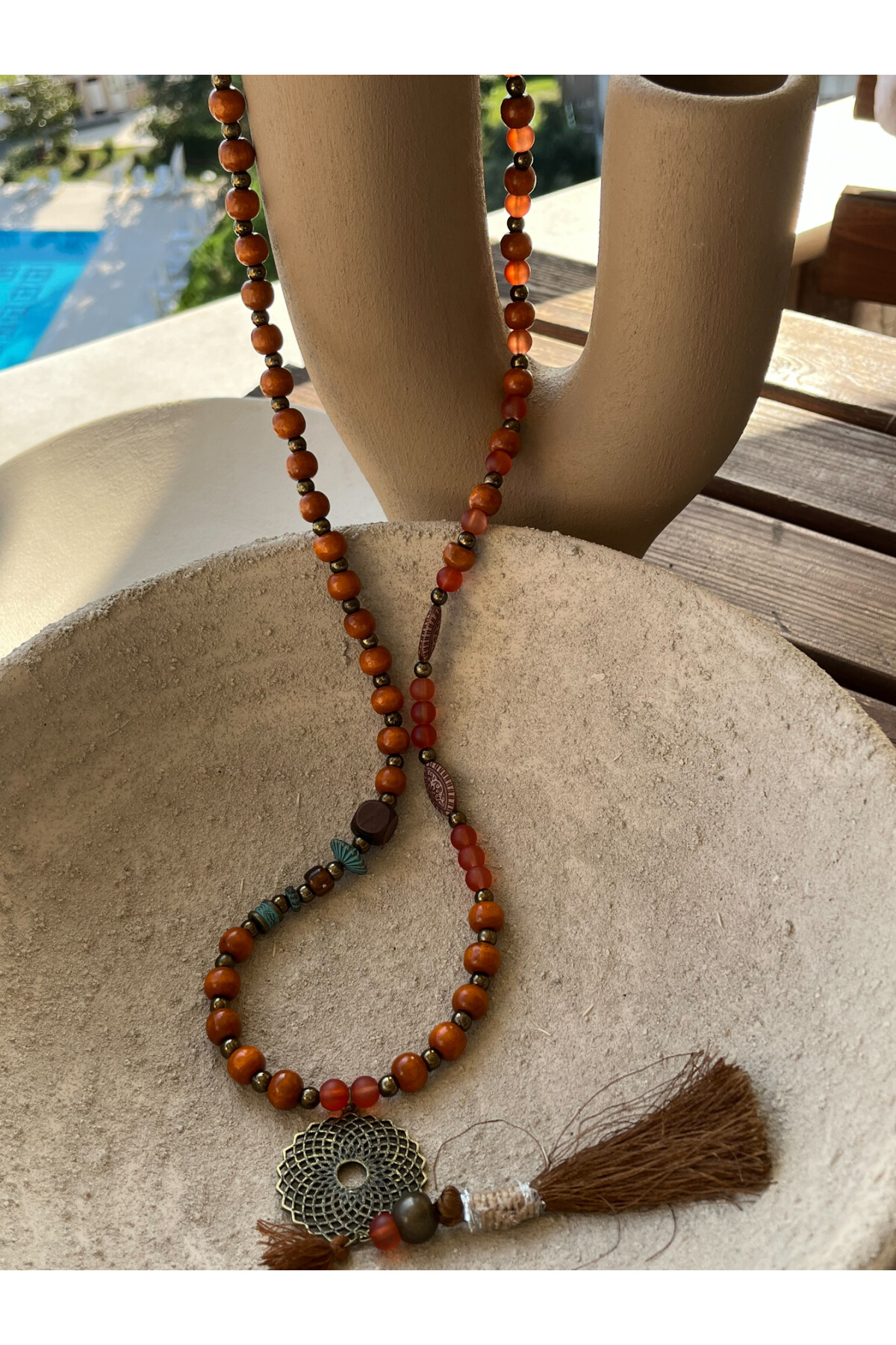 Forono Ziko Tahta Tasarım Kolye Kiremit