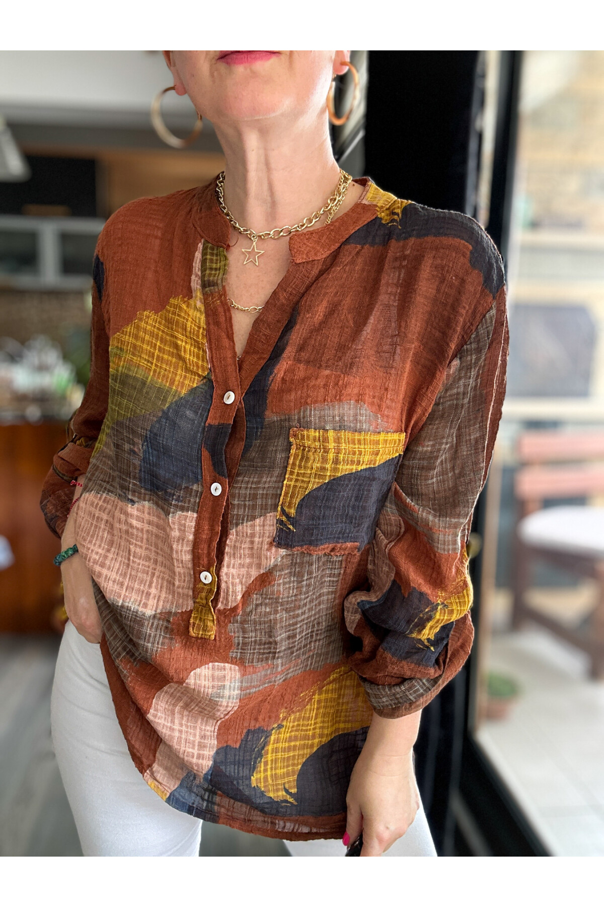 Lizy Patchwork Desen İtalyan Gömlek Kahverengi