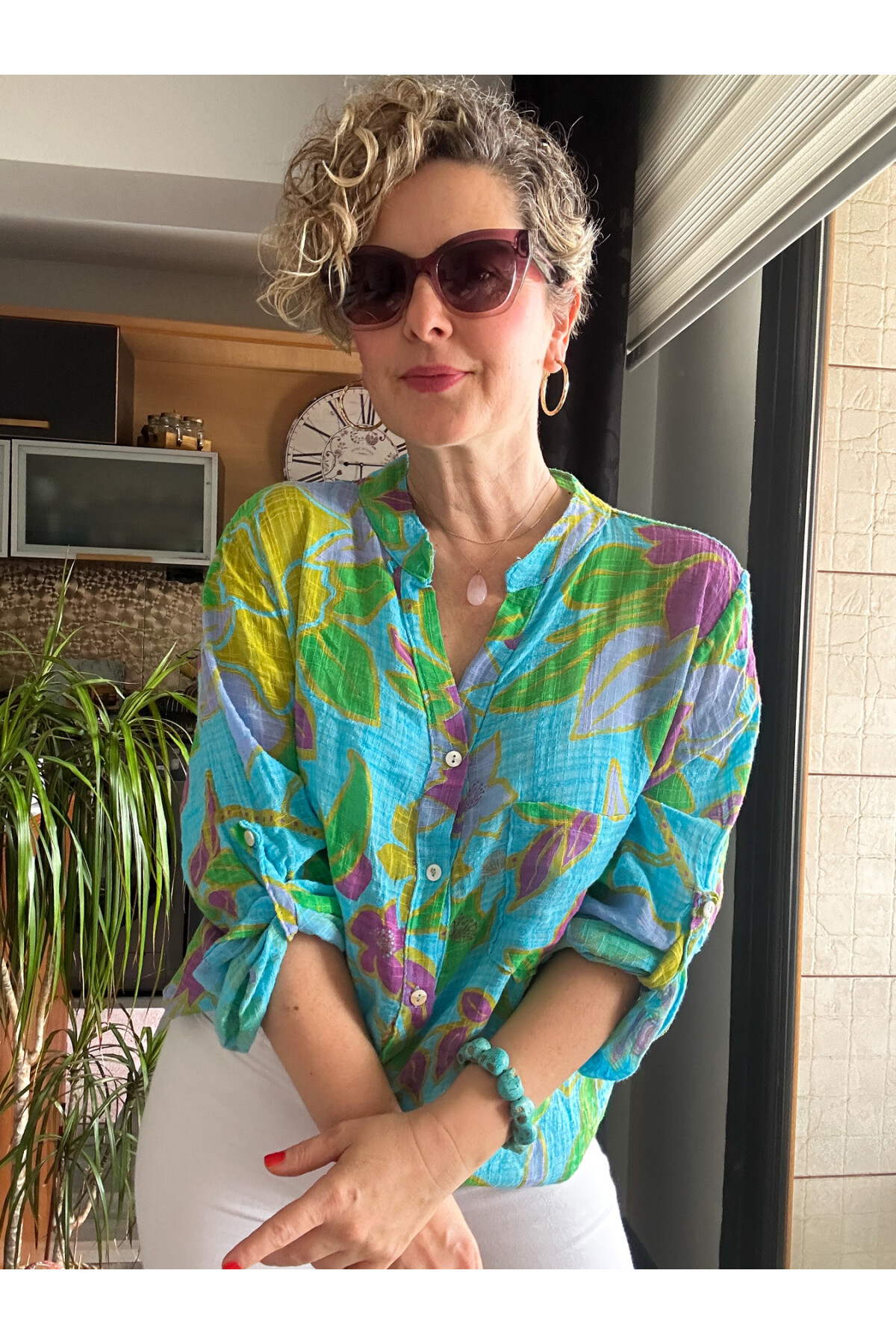 Lucci Lotus Yaprak Desen İtalyan Gömlek Turkuaz