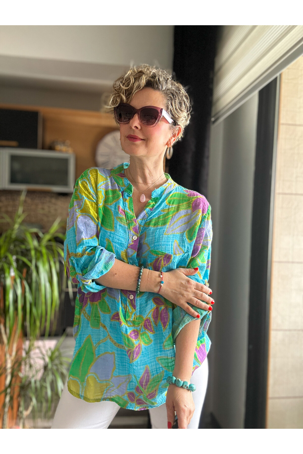 Lucci Lotus Yaprak Desen İtalyan Gömlek Turkuaz