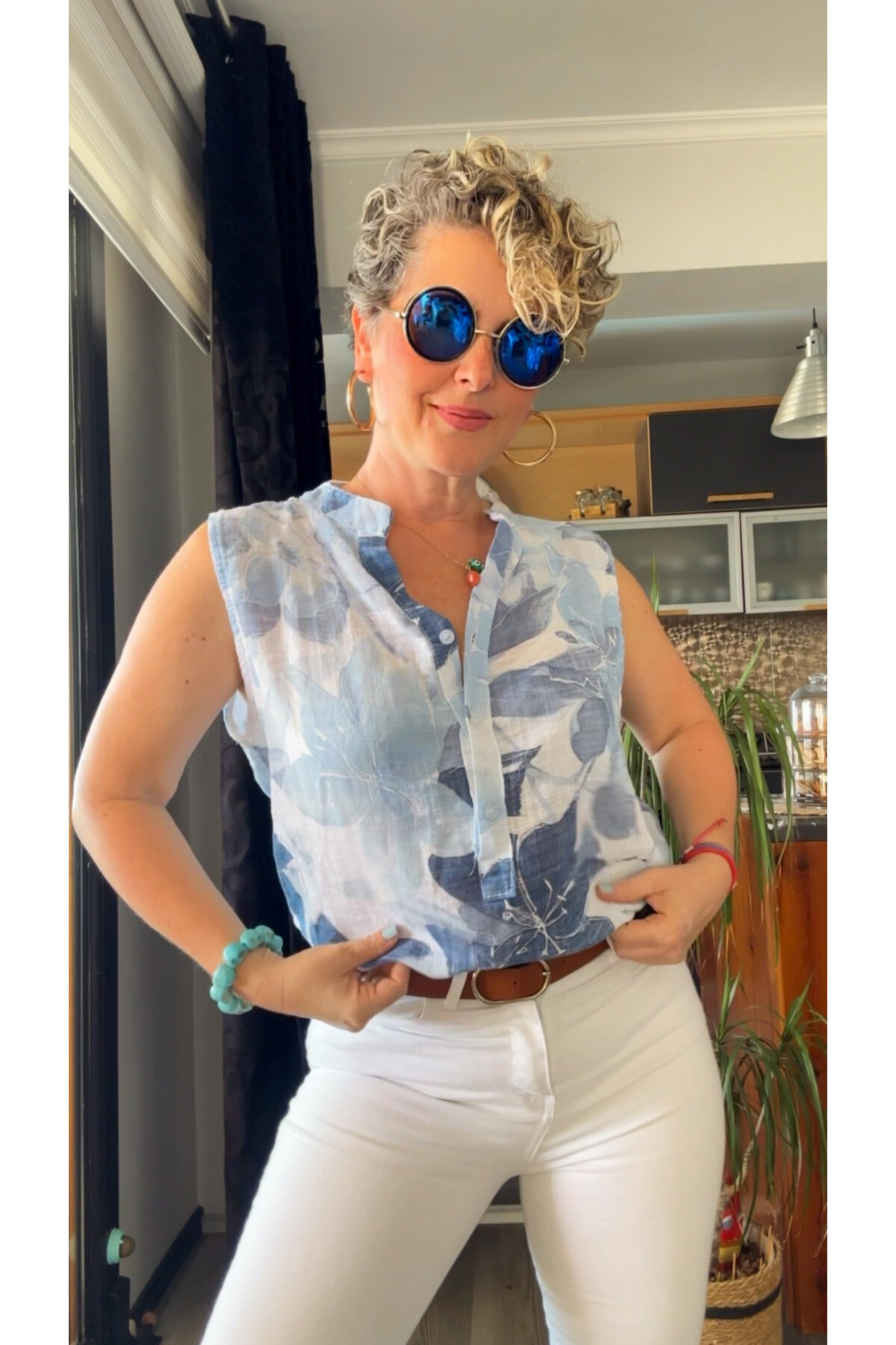 Mambo Lotus Desen Sıfır Kol İtalyan Bluz