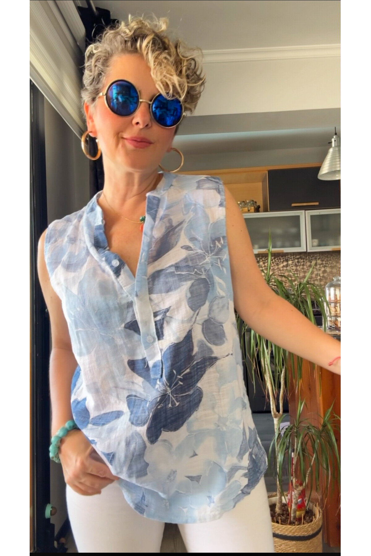 Mambo Lotus Desen Sıfır Kol İtalyan Bluz