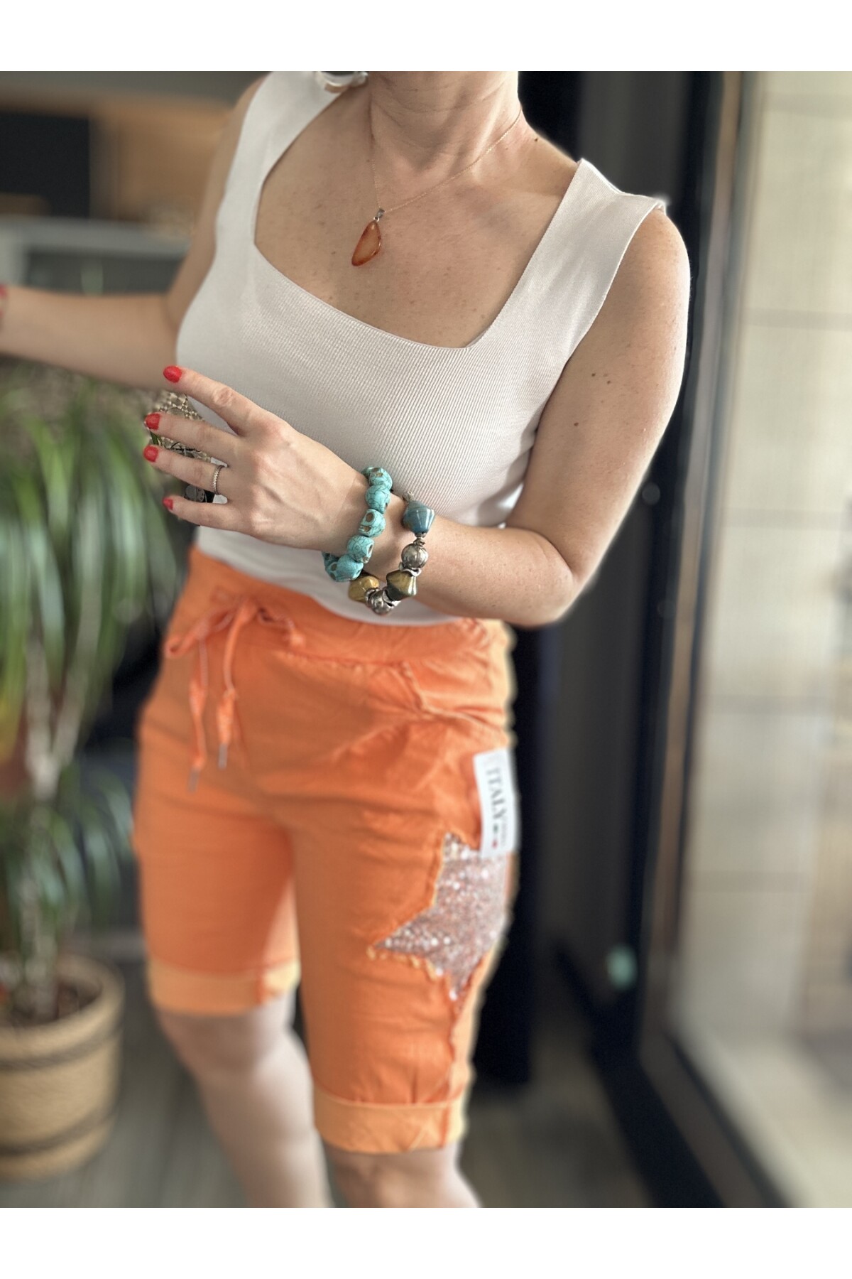 Matta İtalyan Yıldızlı Şort Turuncu