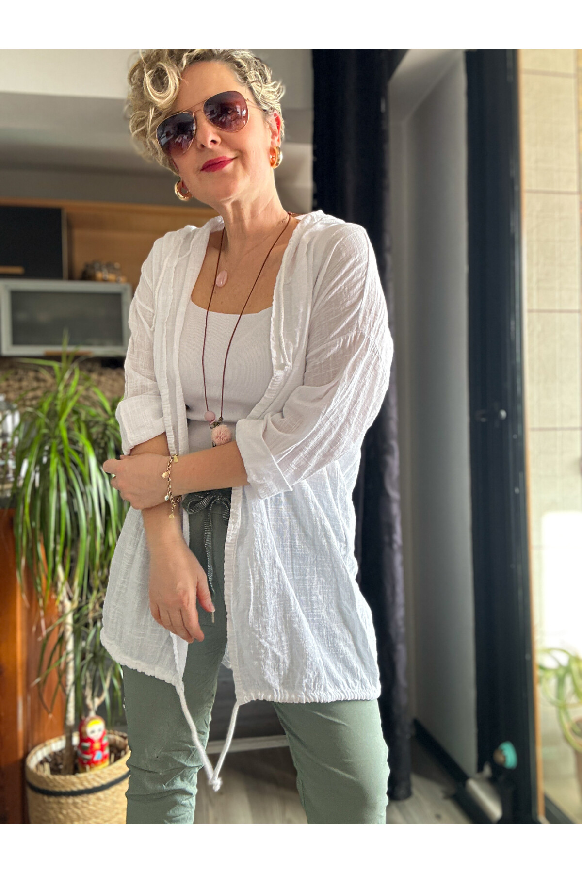 Musso Kapşonlu Arka Pul Detay Keten Ceket Beyaz