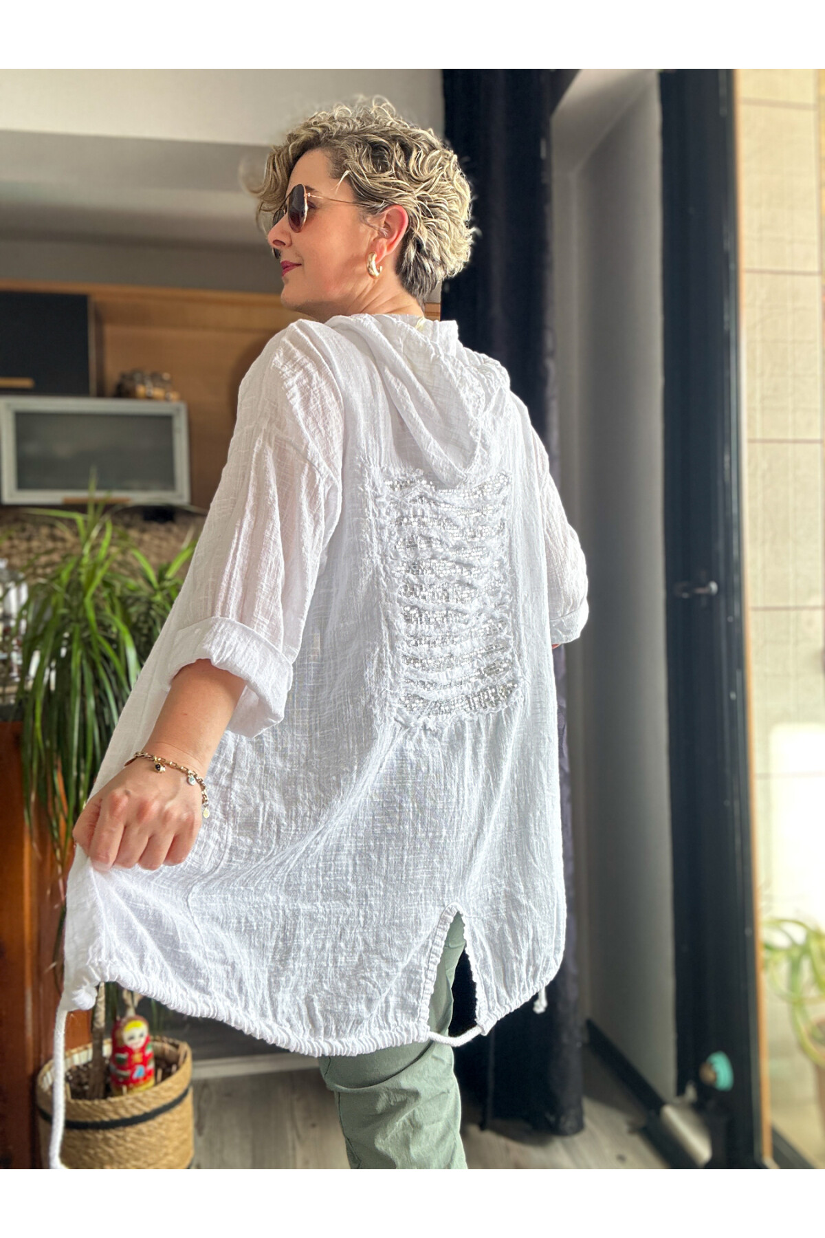 Musso Kapşonlu Arka Pul Detay Keten Ceket Beyaz